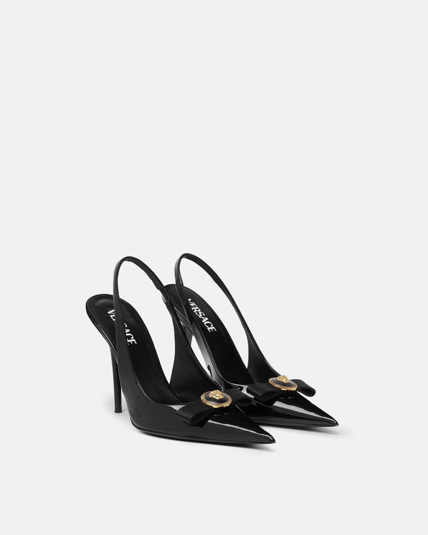 Gianni Ribbon Patent Slingbacks 110 mm Black,Gold | VERSACE