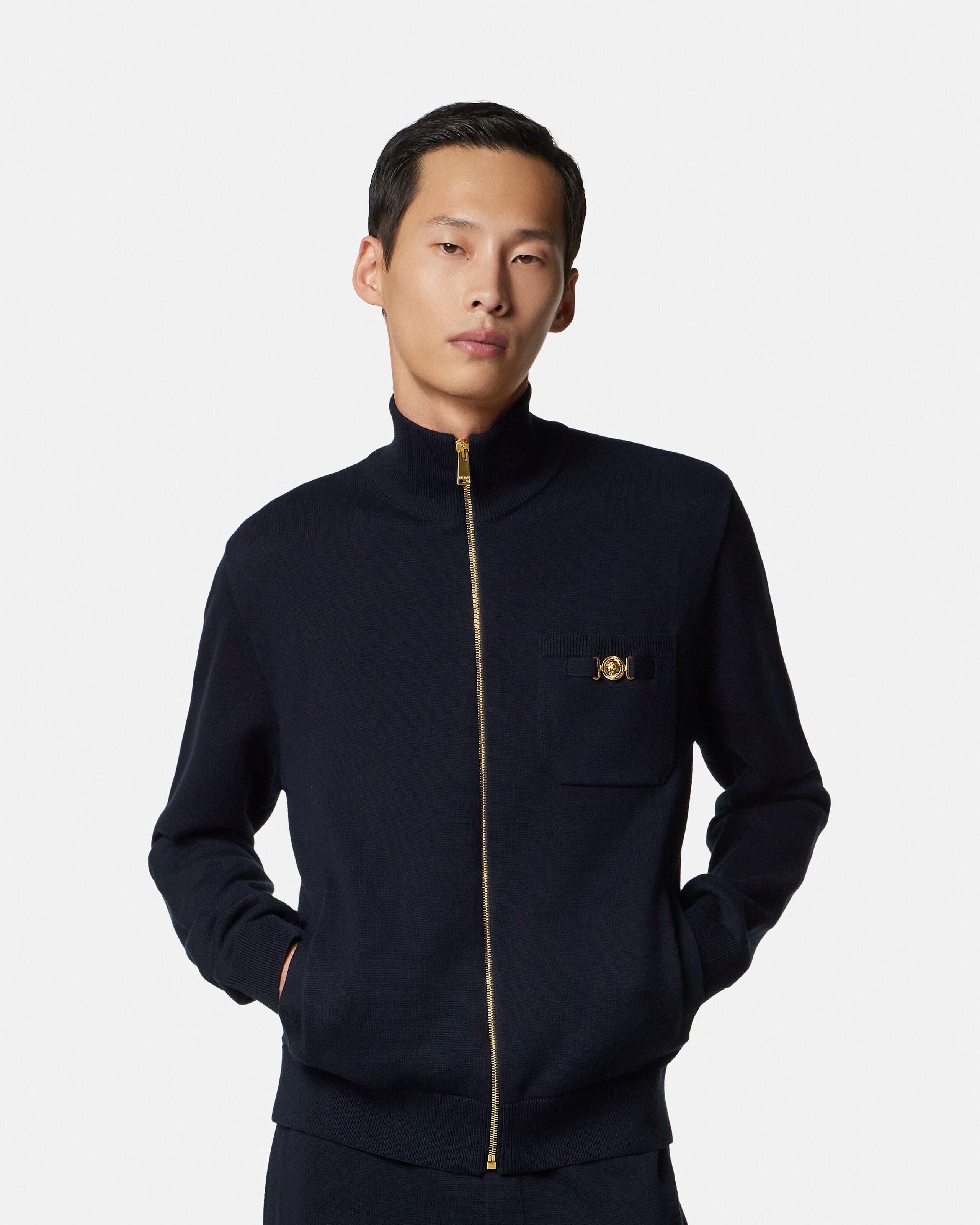 Cashmere-Cotton Knit Zip Sweater Blue | VERSACE US