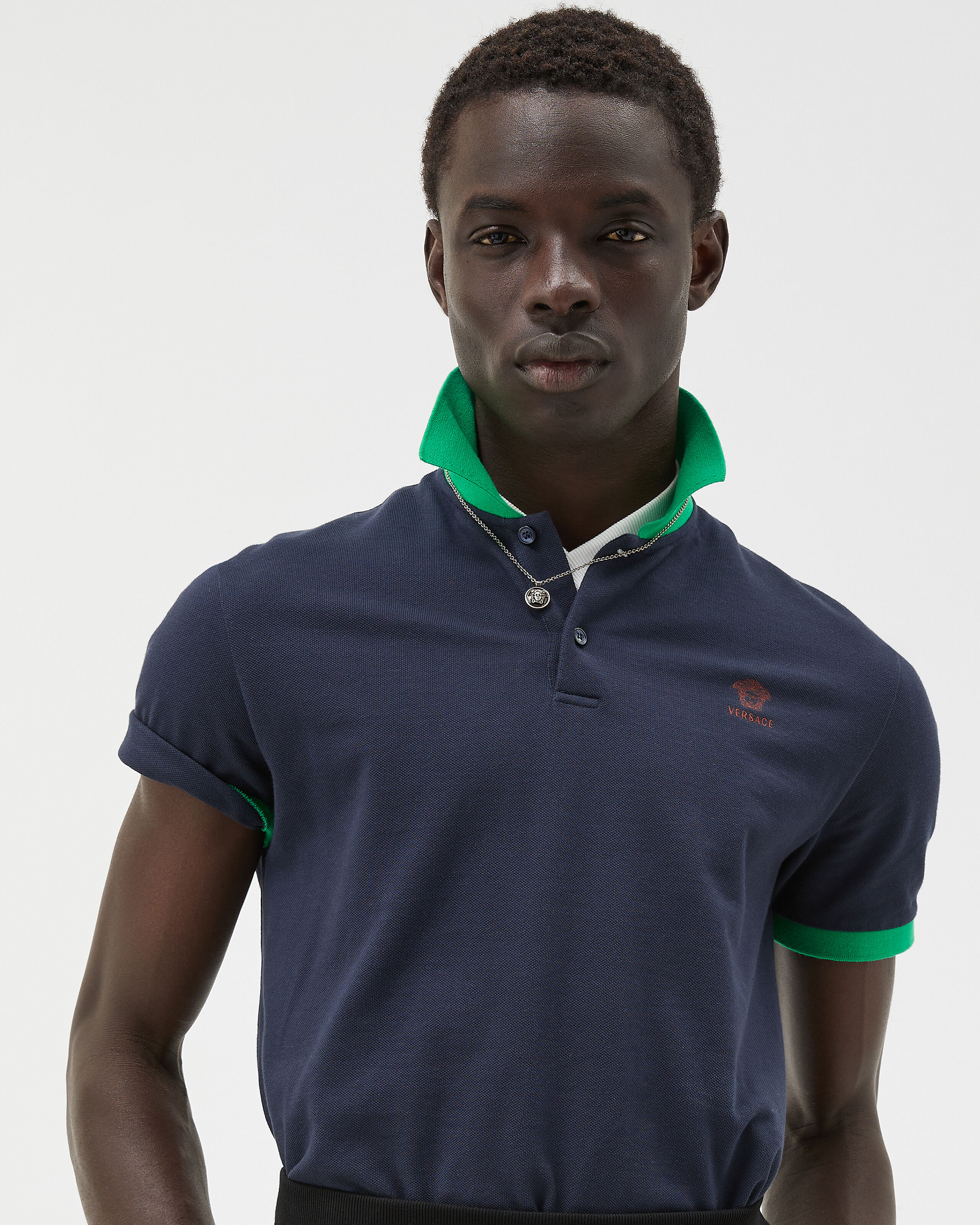 Embroidered Cotton Piqué Polo Blue,Green | VERSACE US