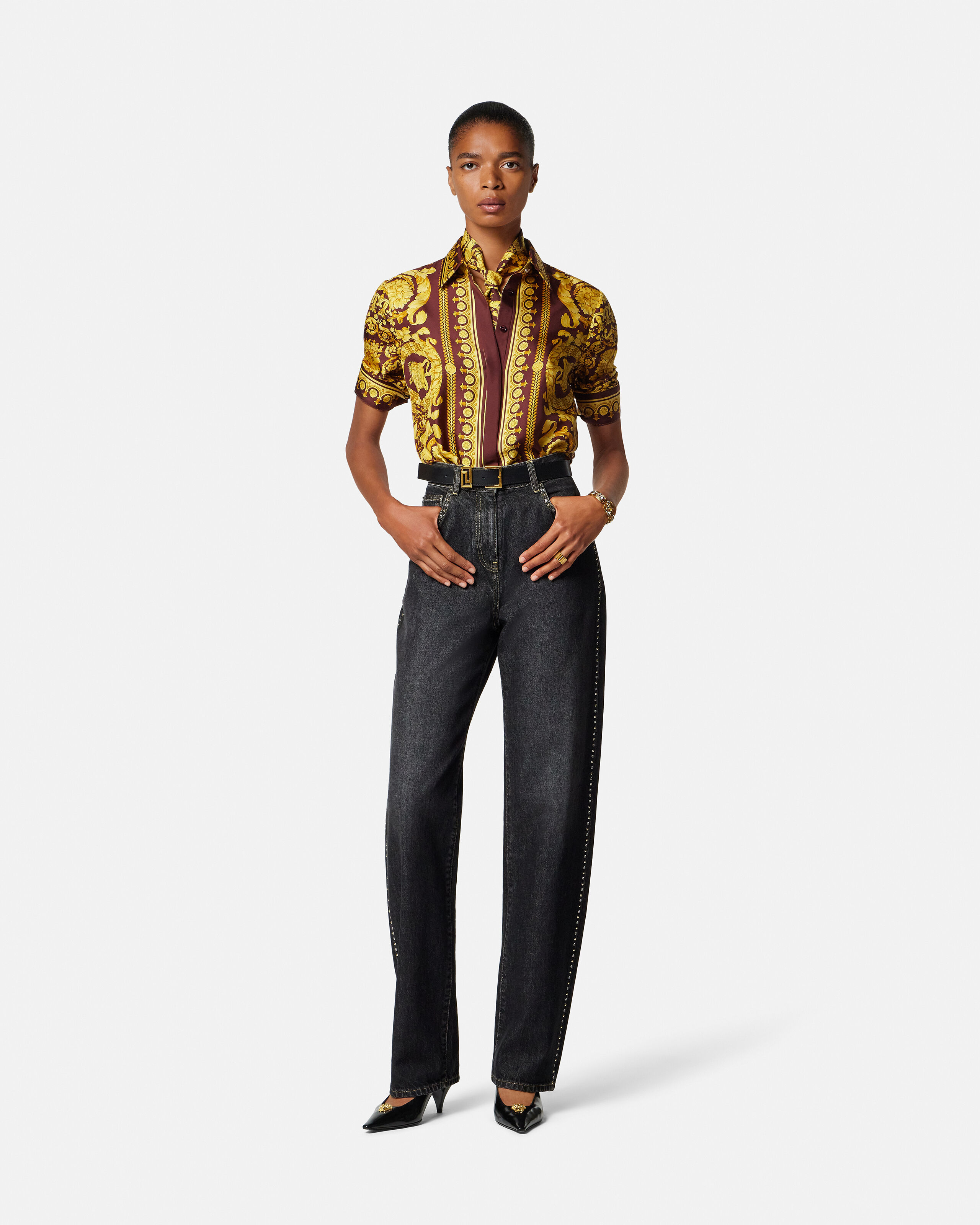 Embellished High-Waist Regular Jeans Black | VERSACE US