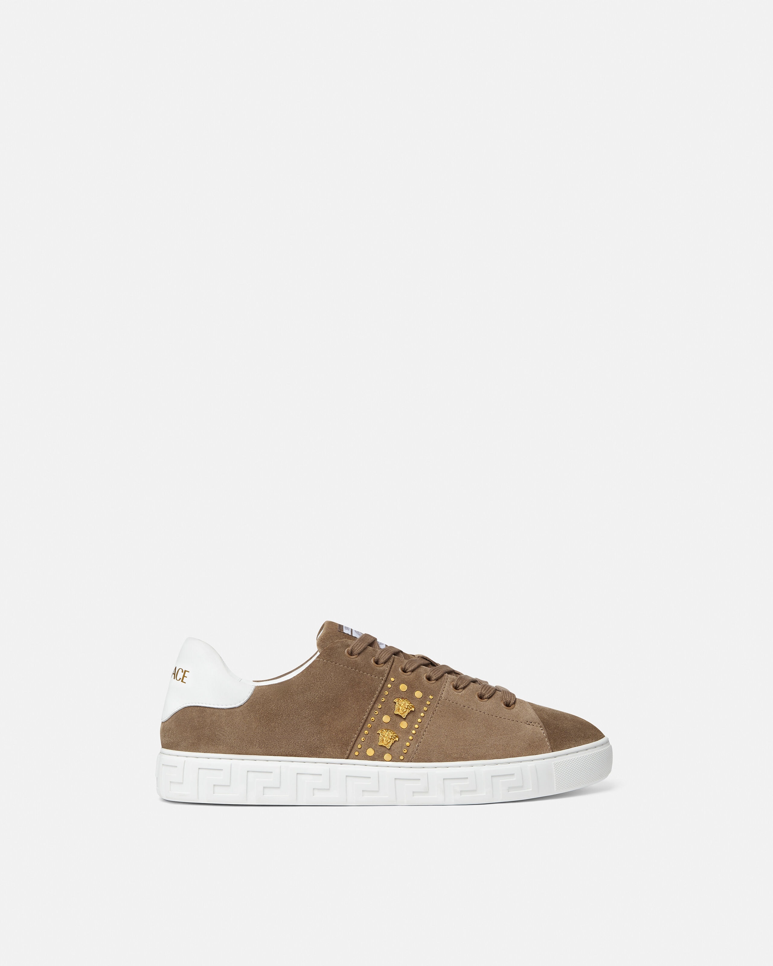 Greca Embellished Suede Sneakers Brown,White | VERSACE US