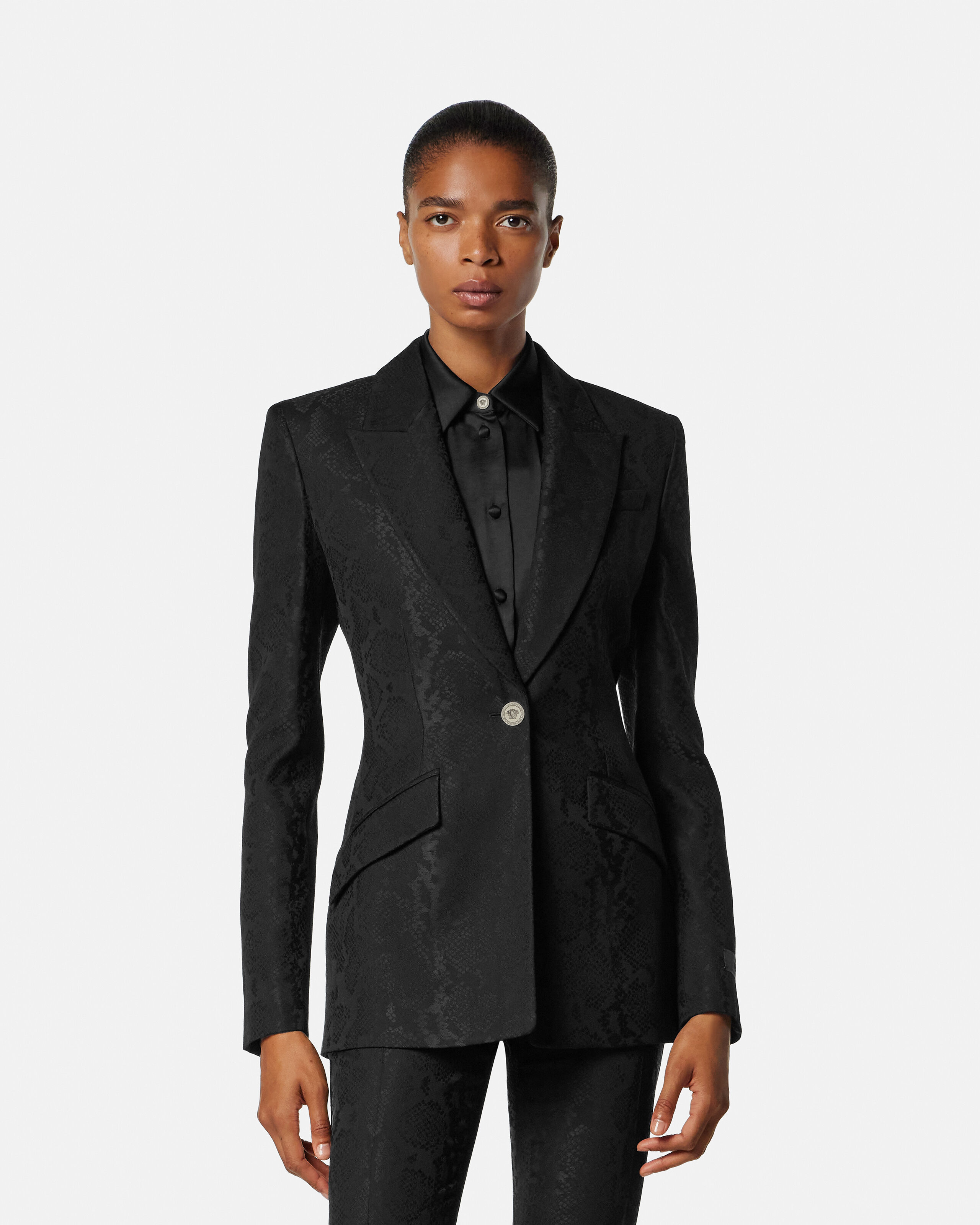 Python-Jacquard Wool-Blend Blazer Black | VERSACE US