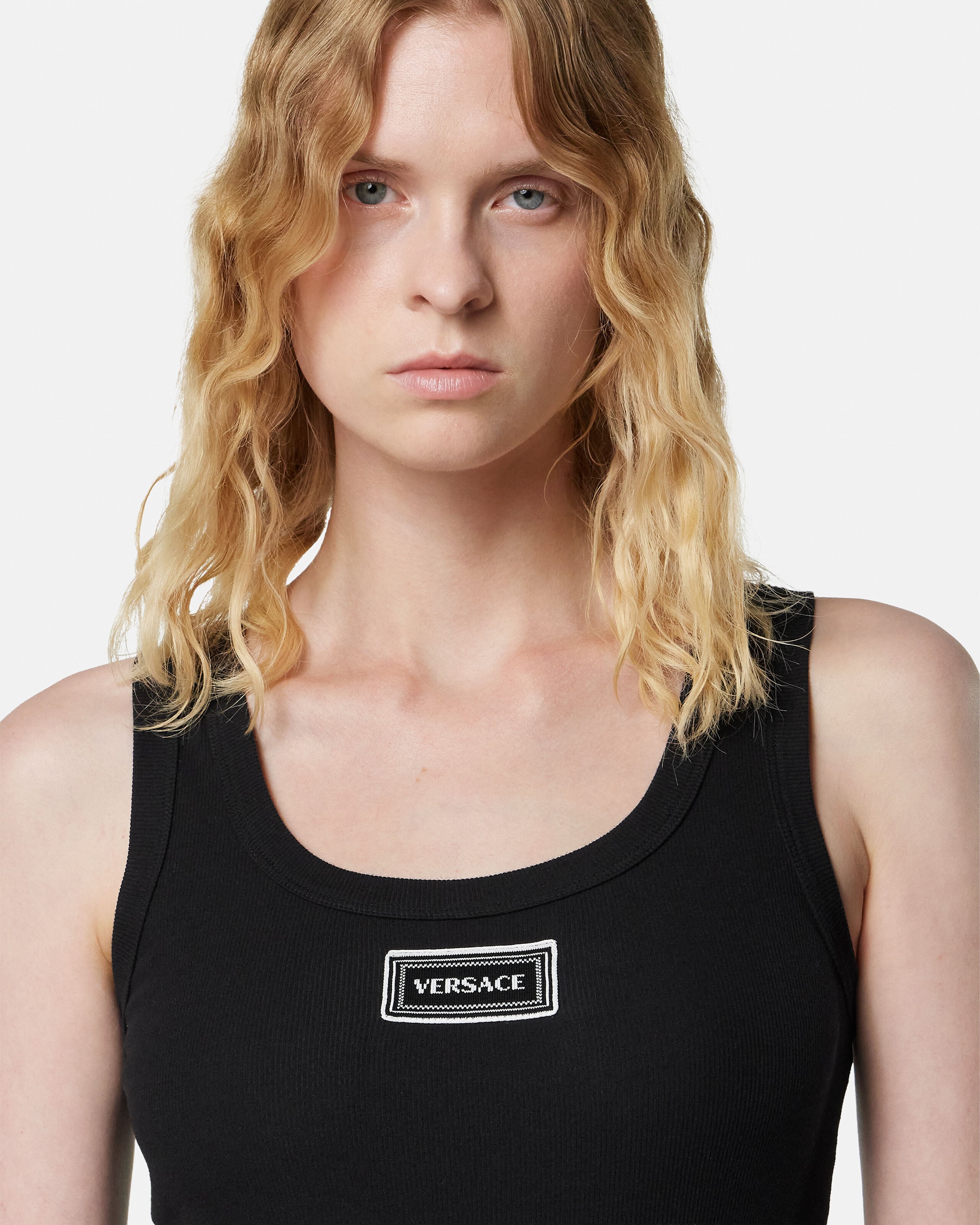 Ribbed Stretch Cotton Tank Top Black | VERSACE US