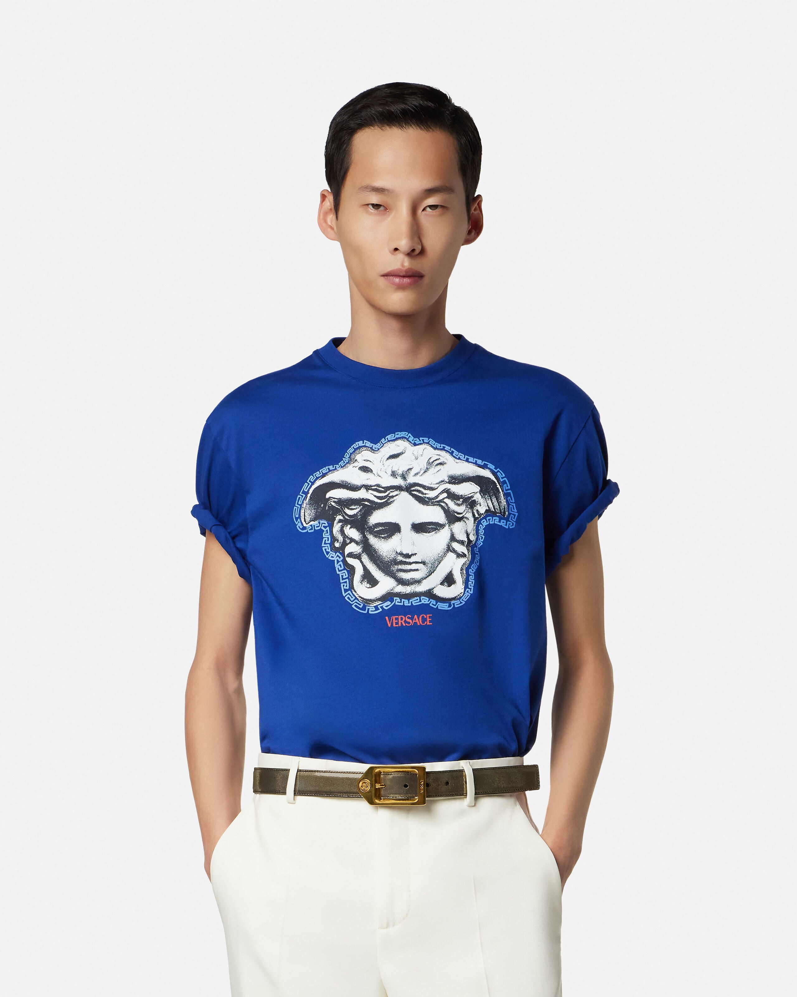 Printed Cotton-Jersey Regular T-Shirt Blue | VERSACE US