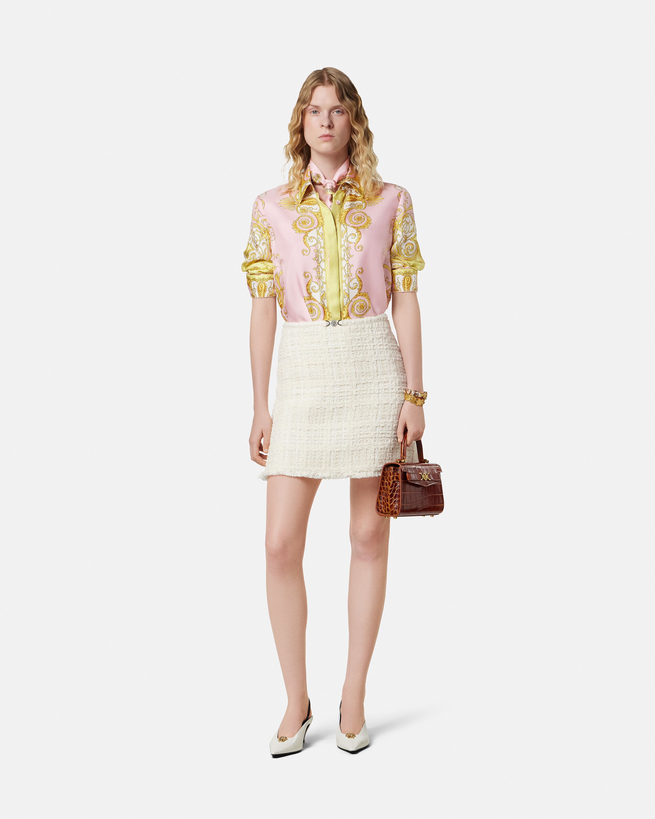 Printed Silk Twill Shirt Yellow,Pink | VERSACE US