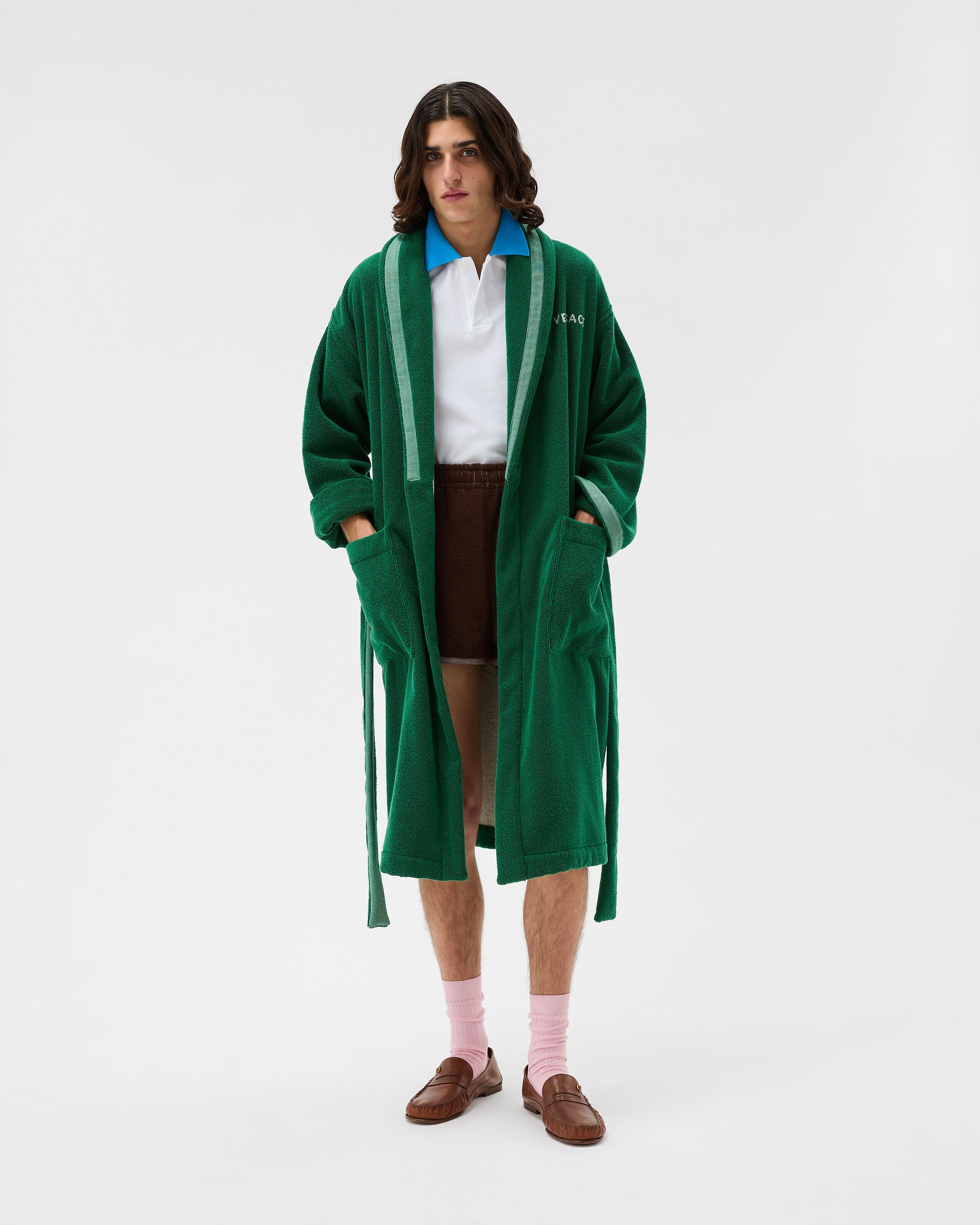Cotton-Terry Jacquard Bathrobe Green | VERSACE US