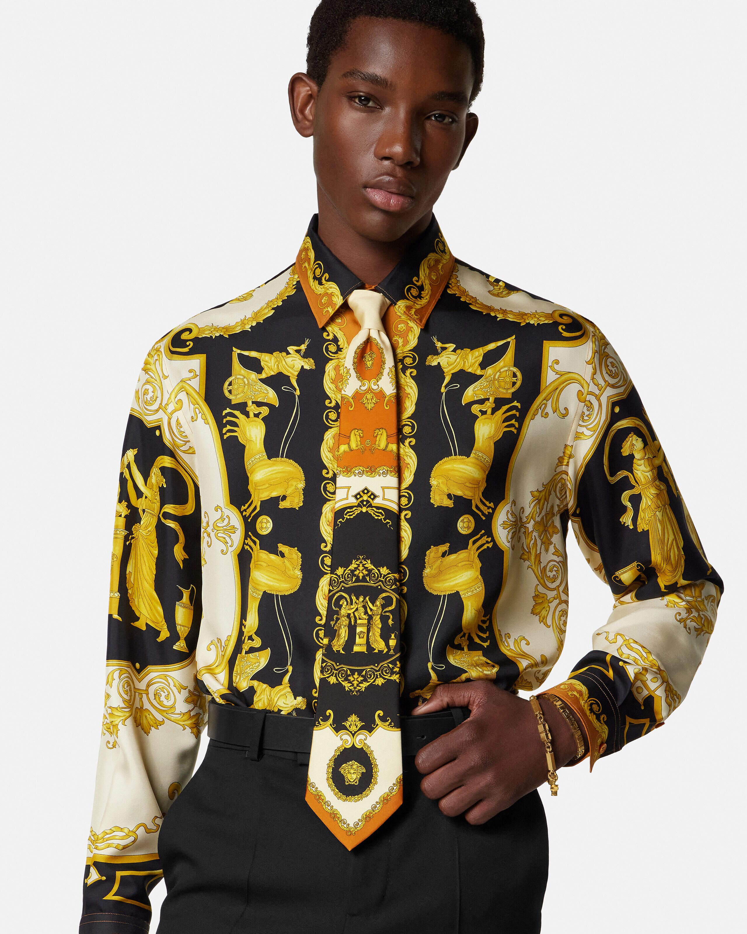 Printed Silk Twill Tie Black,Gold | VERSACE US