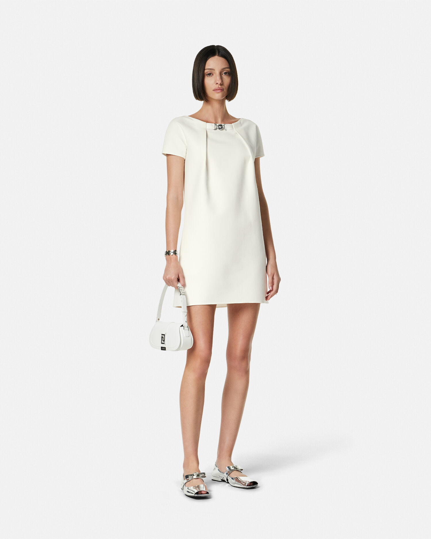 Box Pleat Wool Blend Mini Dress White VERSACE