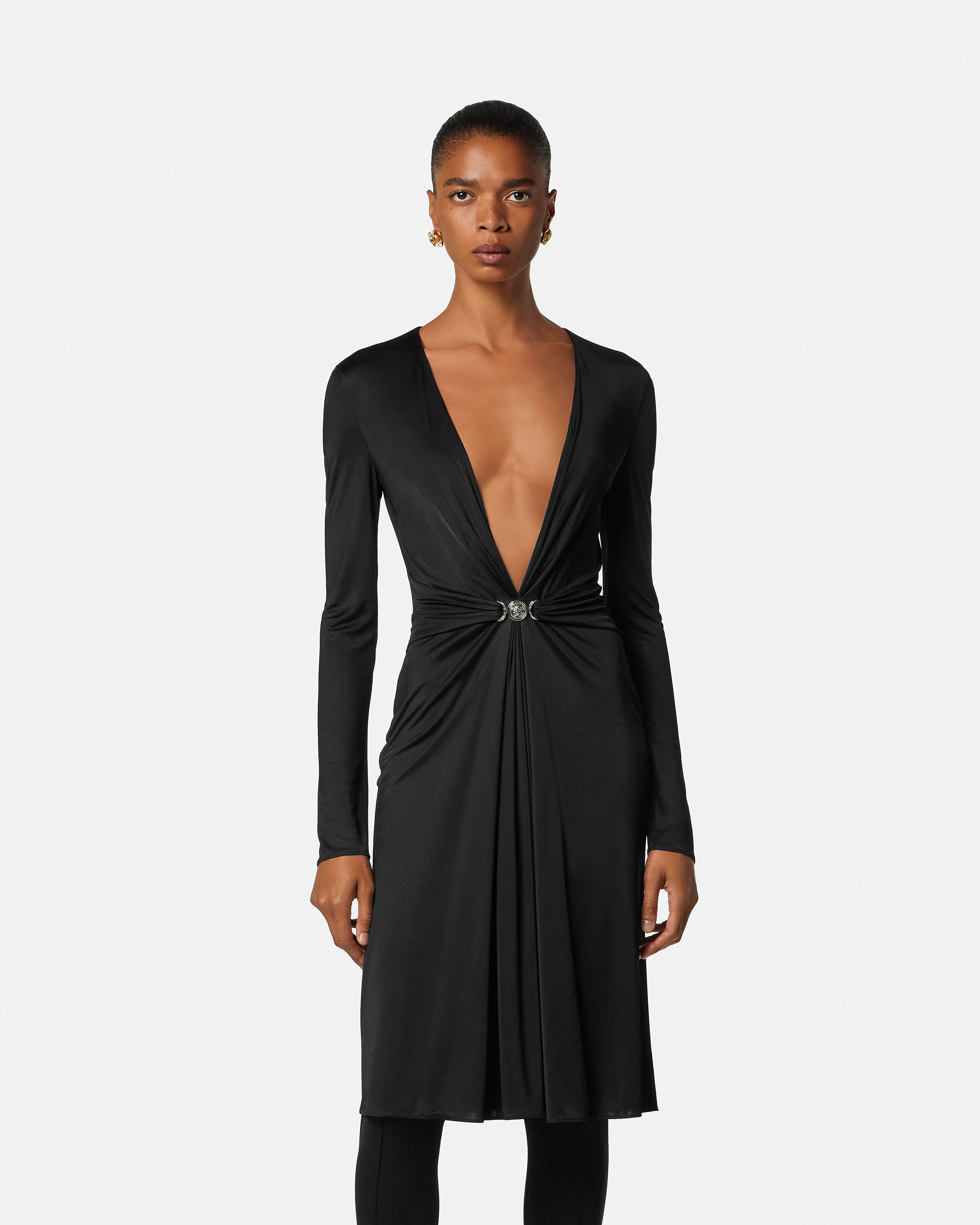 Viscose-Jersey Midi Dress Black | VERSACE US
