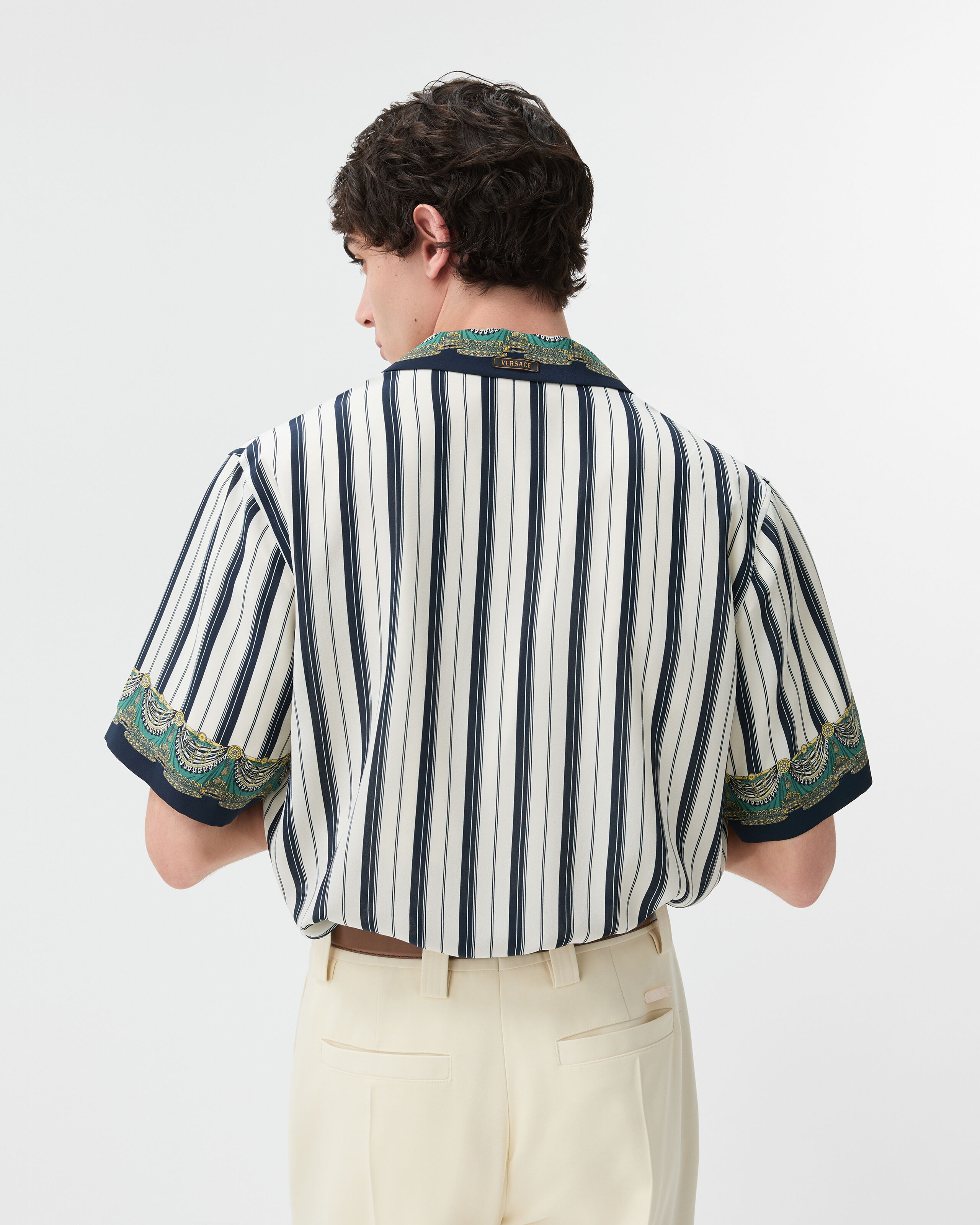 Printed Crêpe De Chine Silk Shirt White,Blue | VERSACE US