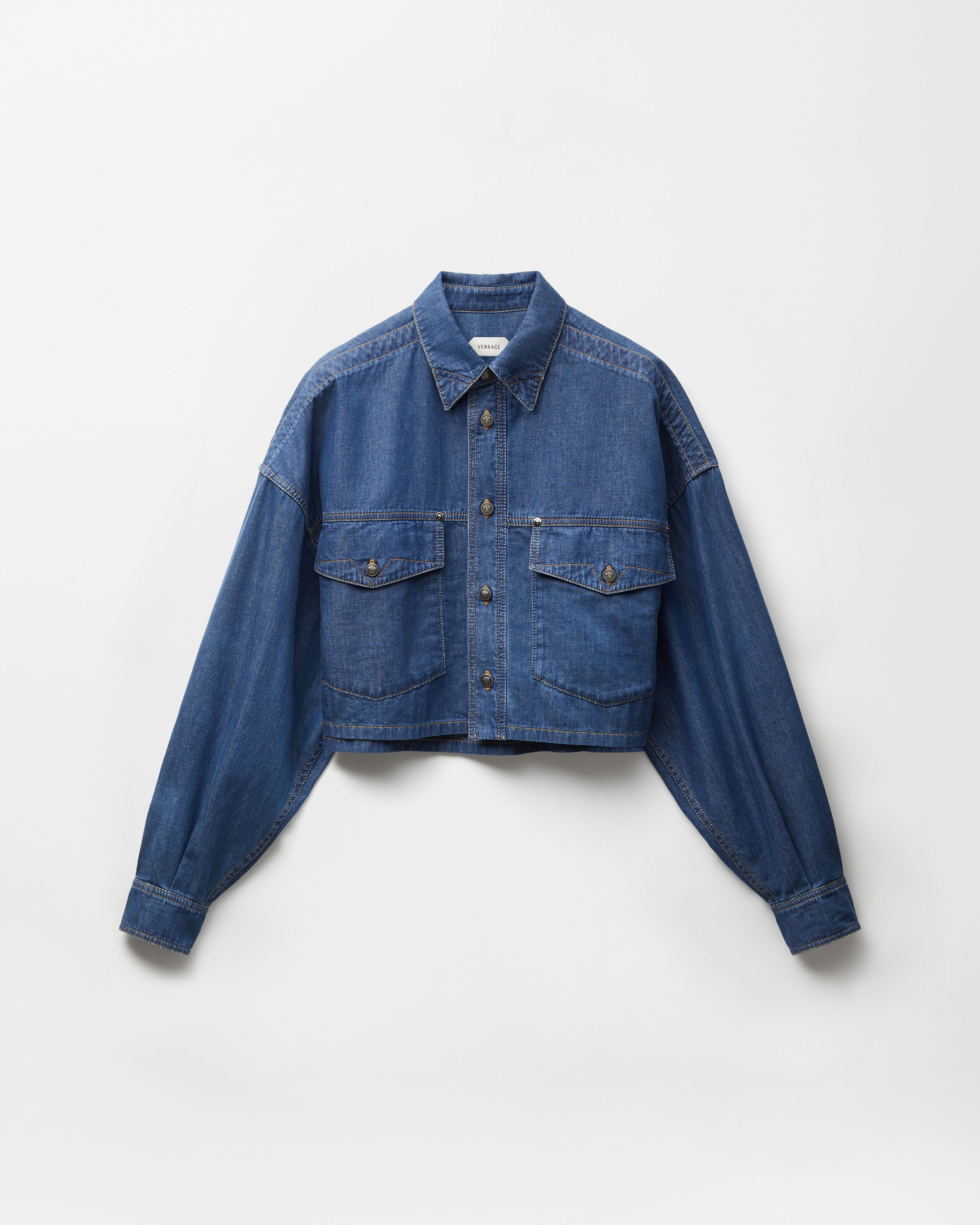 Jacquard Cotton-Silk Crop Shirt Blue | VERSACE