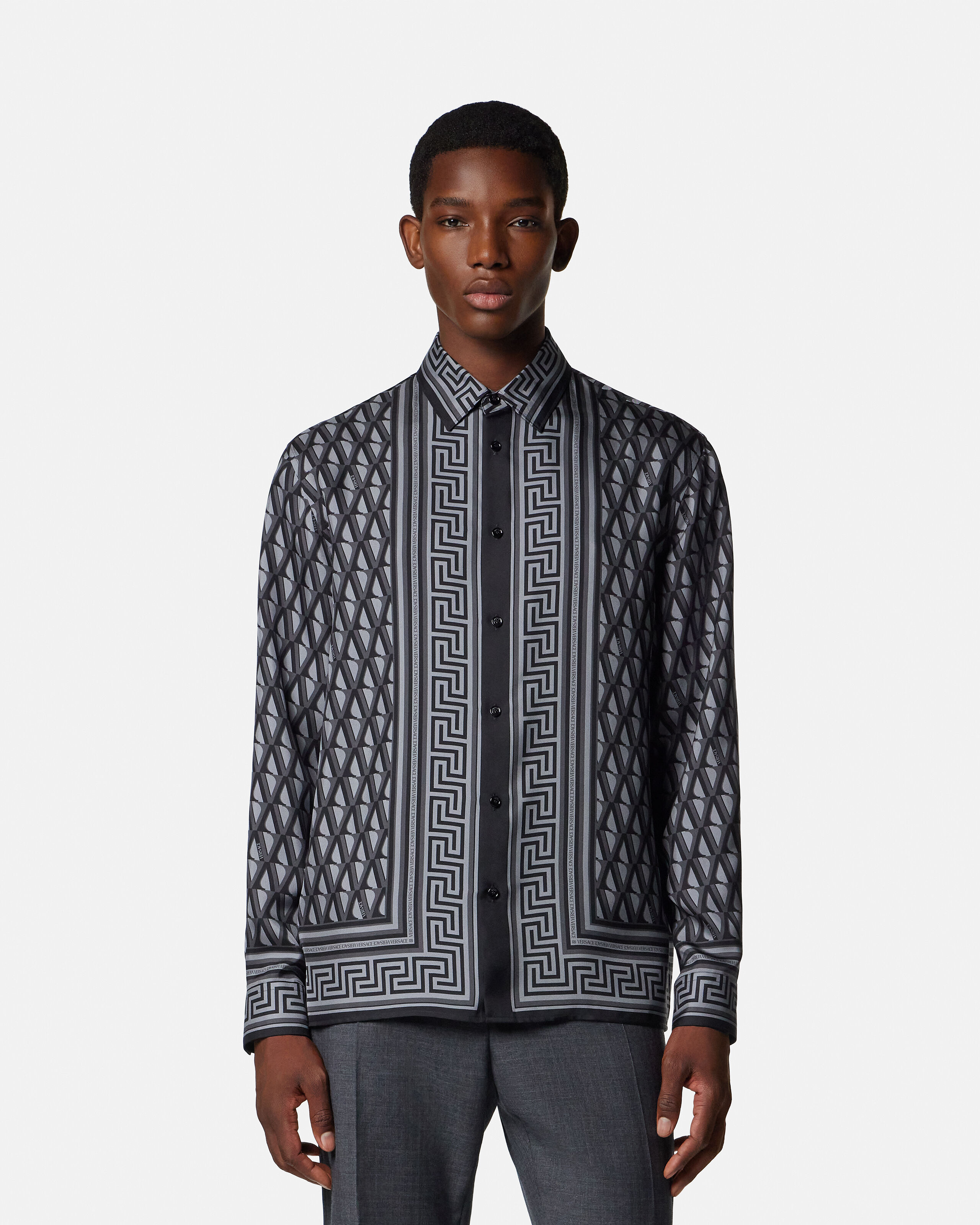 Printed Silk Twill Regular Shirt Black,Gray | VERSACE US
