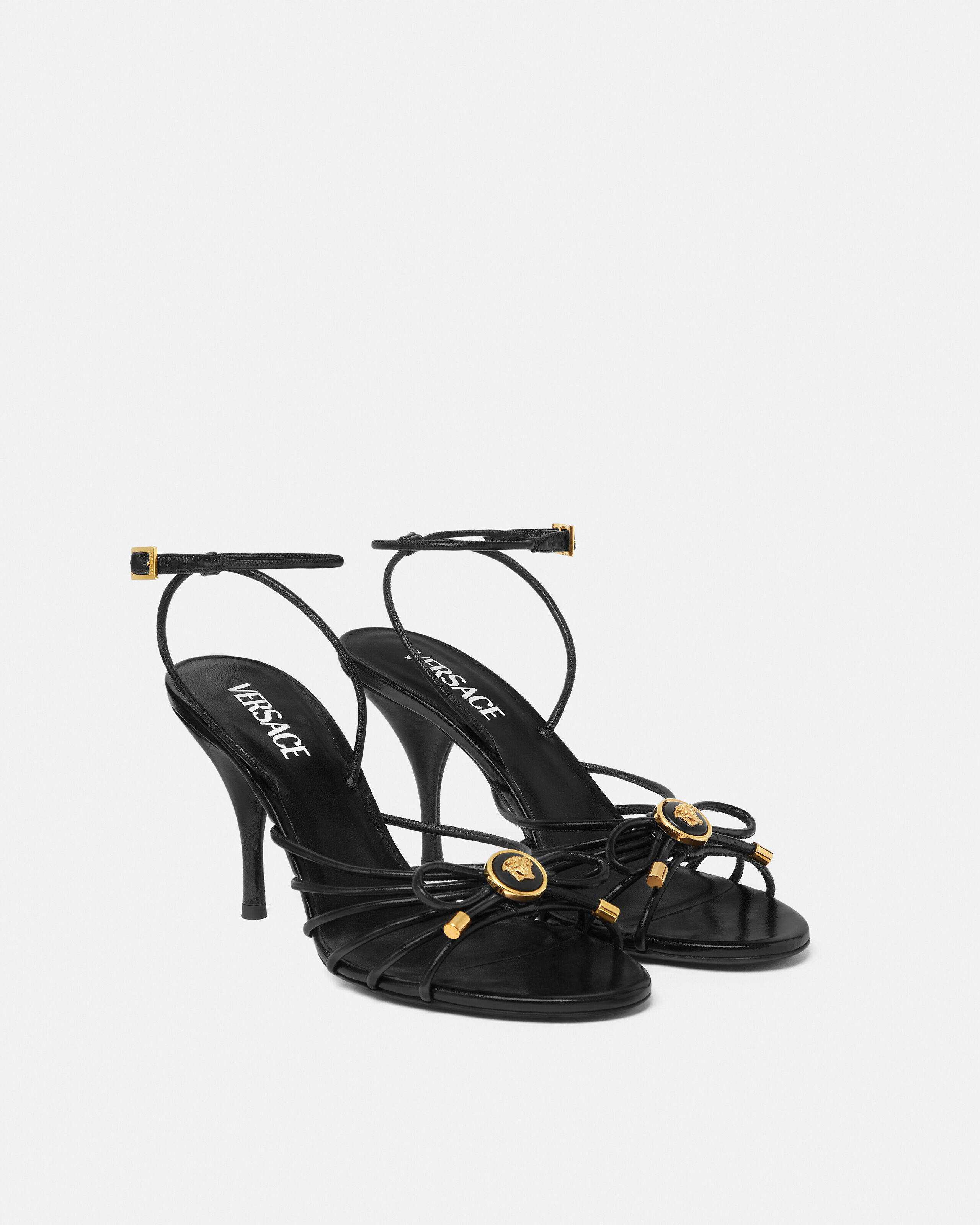 Opera Bow Nappa Sandals 85 mm Black,Gold | VERSACE US