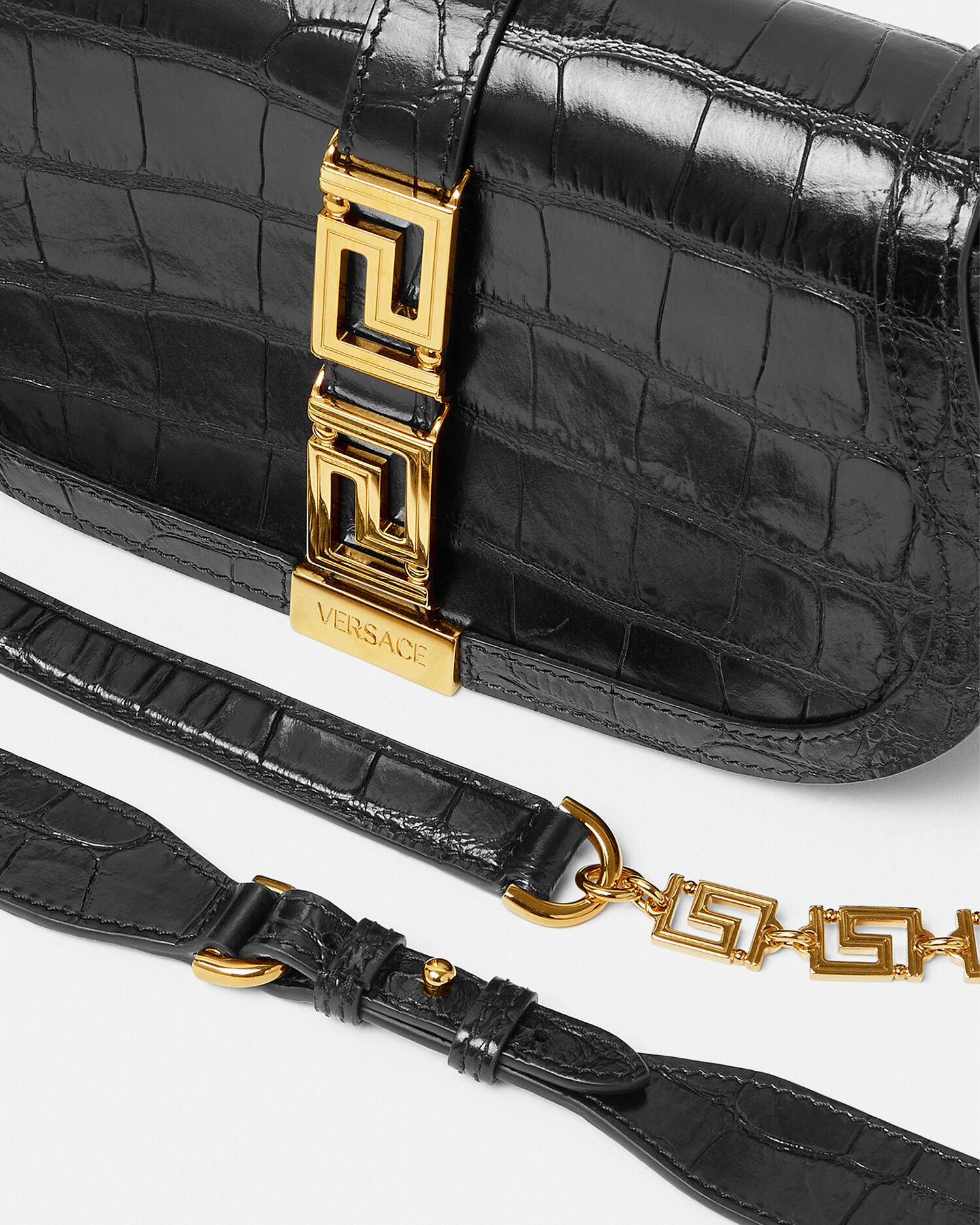 Croc-Effect Greca Goddess Shoulder Bag Black,Gold | VERSACE CA