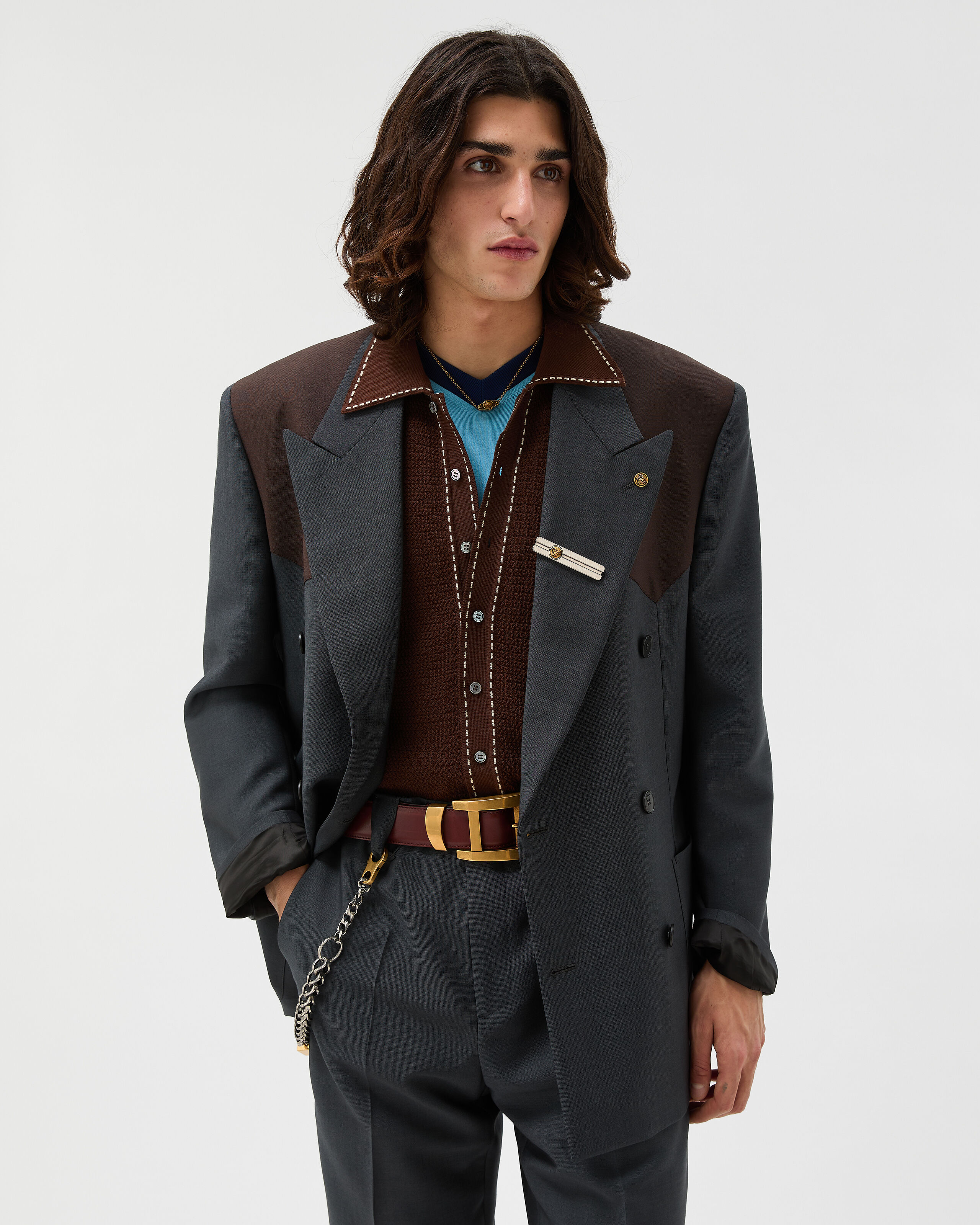 Wool-Mohair Boxy Blazer Gray,Brown | VERSACE US