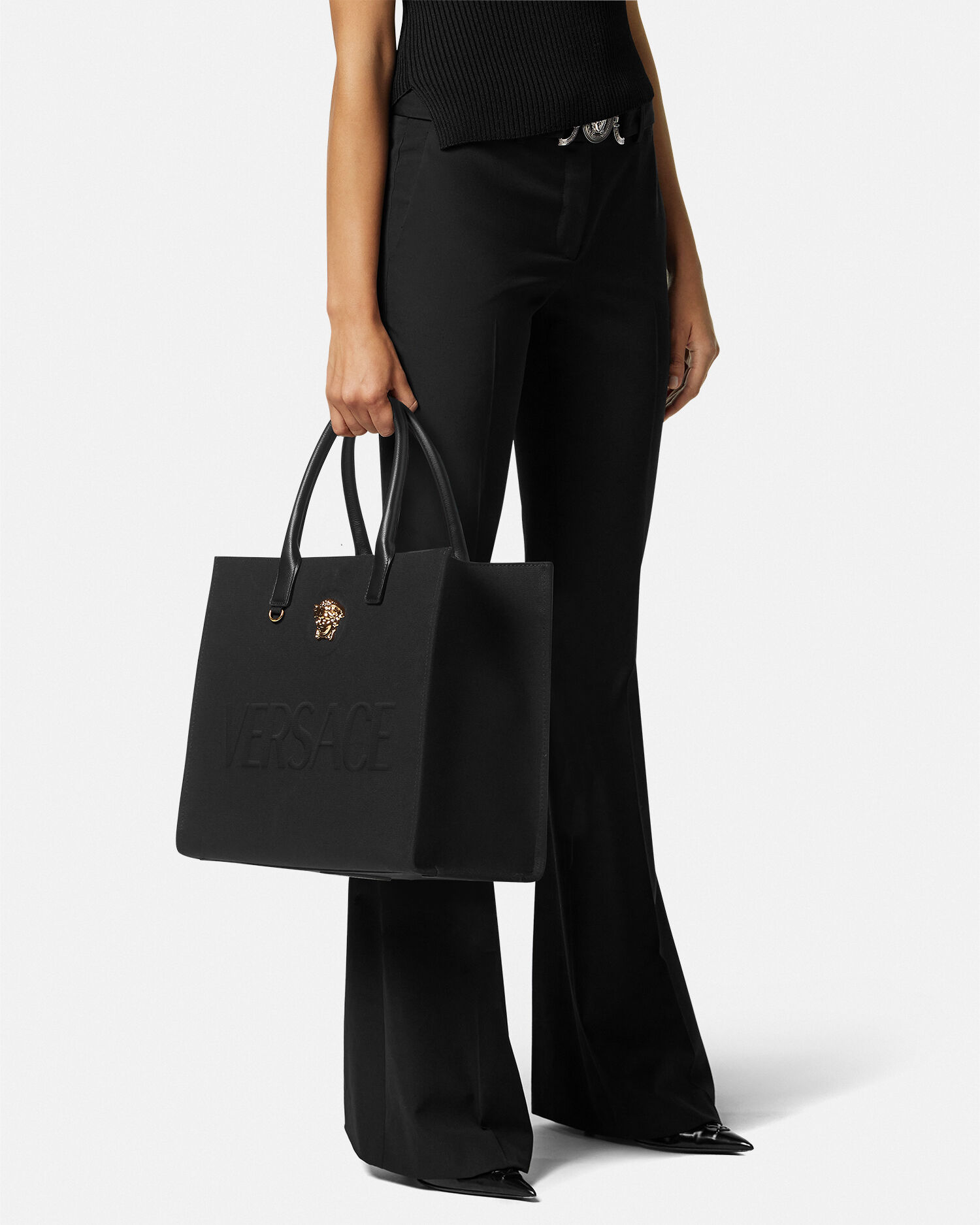 La Medusa Large Canvas Tote Black,Gold | VERSACE US