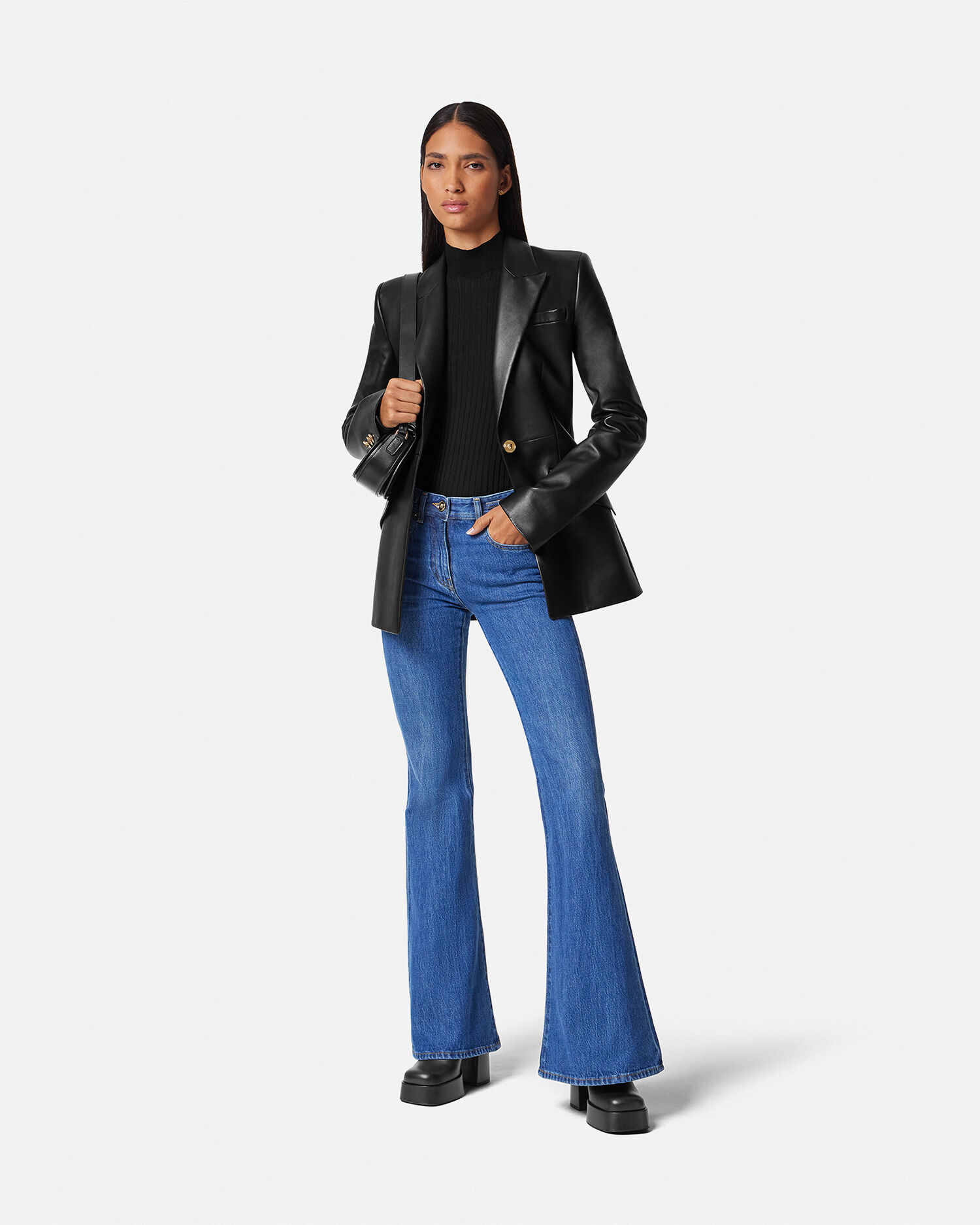 Plongé Single-Breasted Leather DV Blazer Black | VERSACE US
