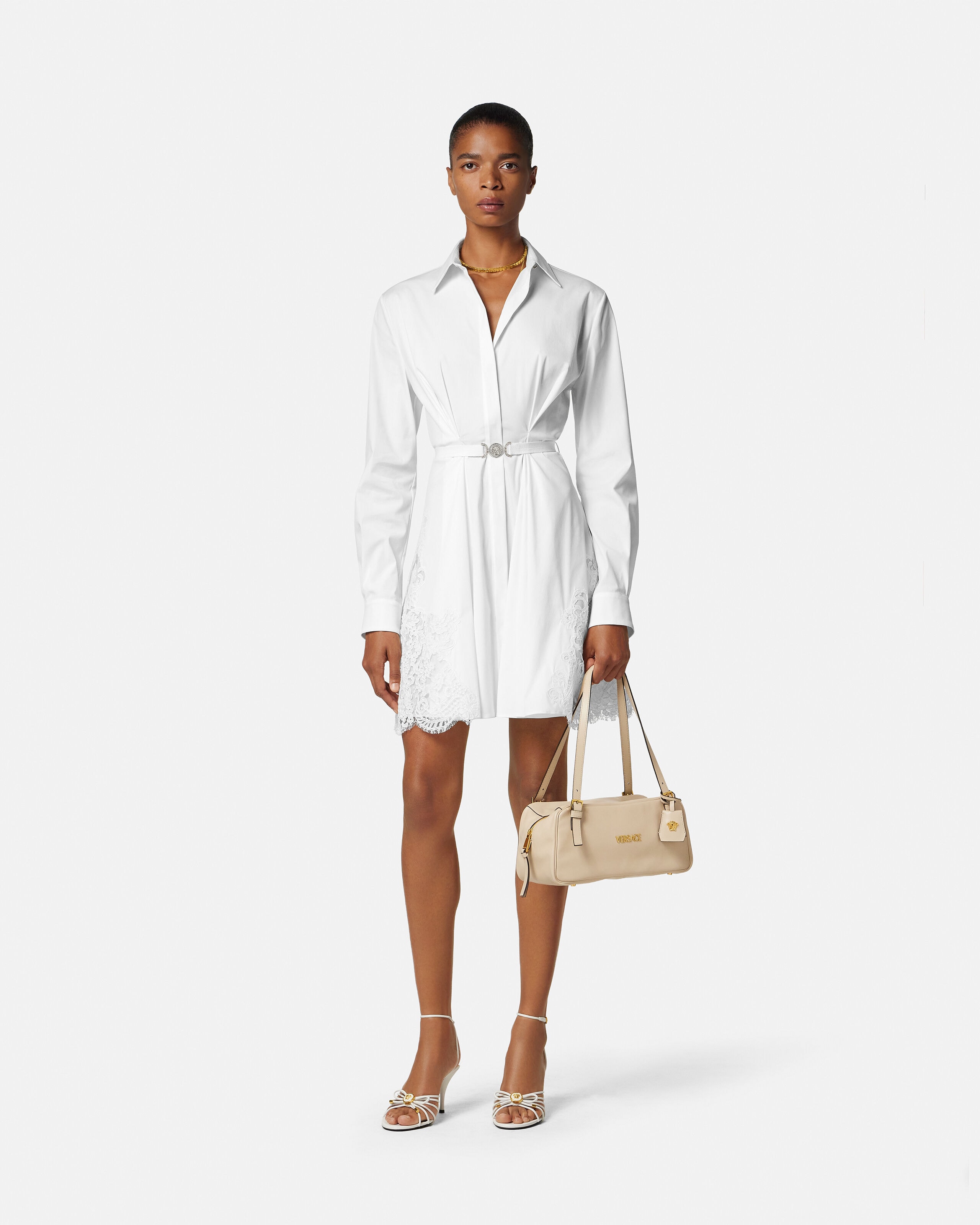 Lace-Trim Cotton-Poplin Mini Shirt Dress White | VERSACE US