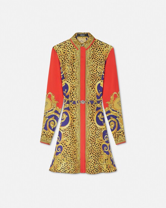 Cheetah Barocco Silk Mini Shirt Dress Red+Gold 1