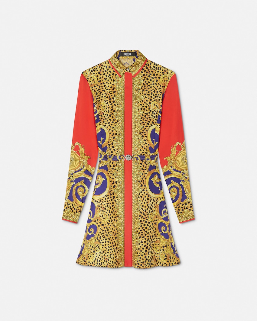 Cheetah Barocco Silk Mini Shirt Dress Red+Gold 1