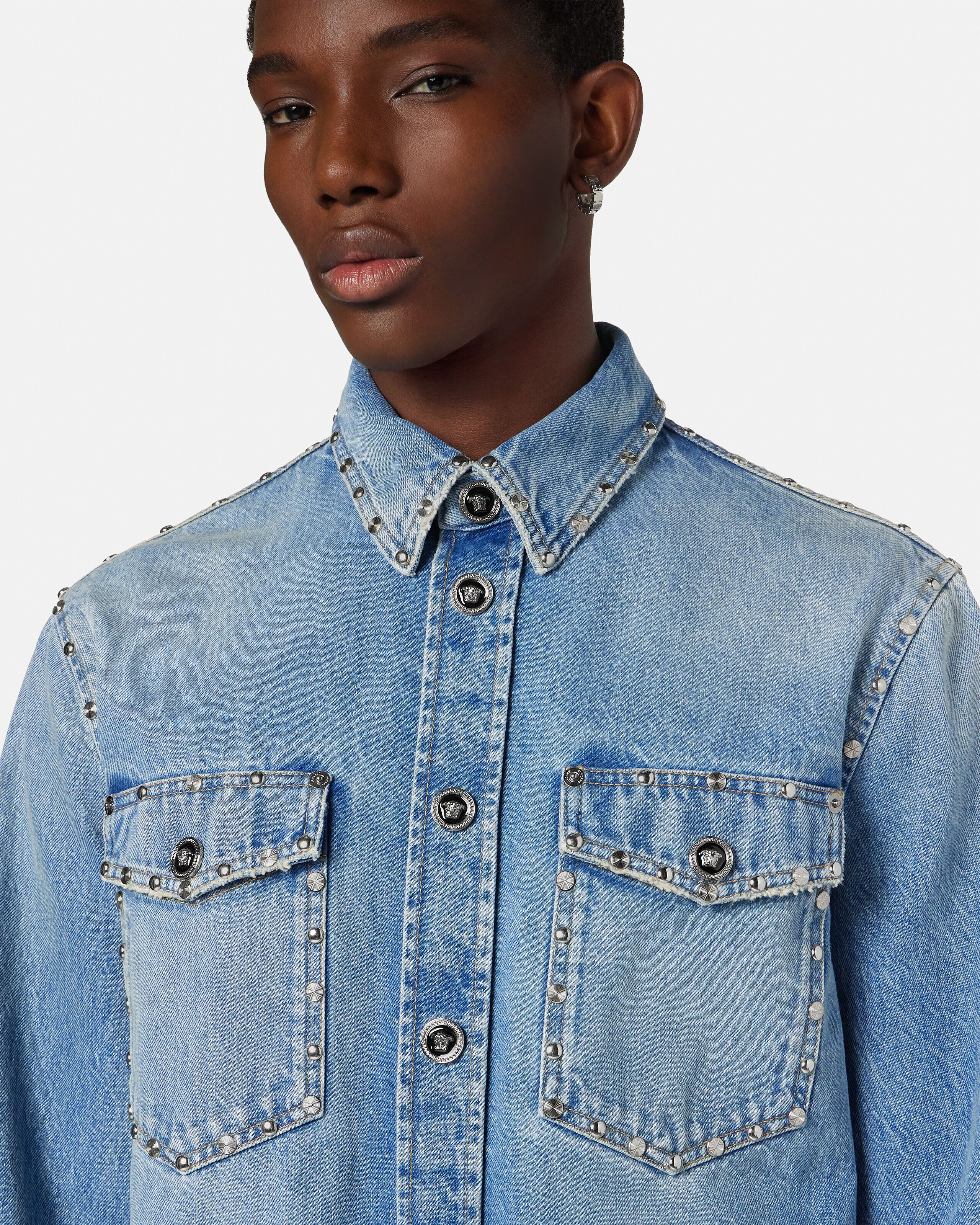 Embellished Denim Overshirt Blue | VERSACE IN