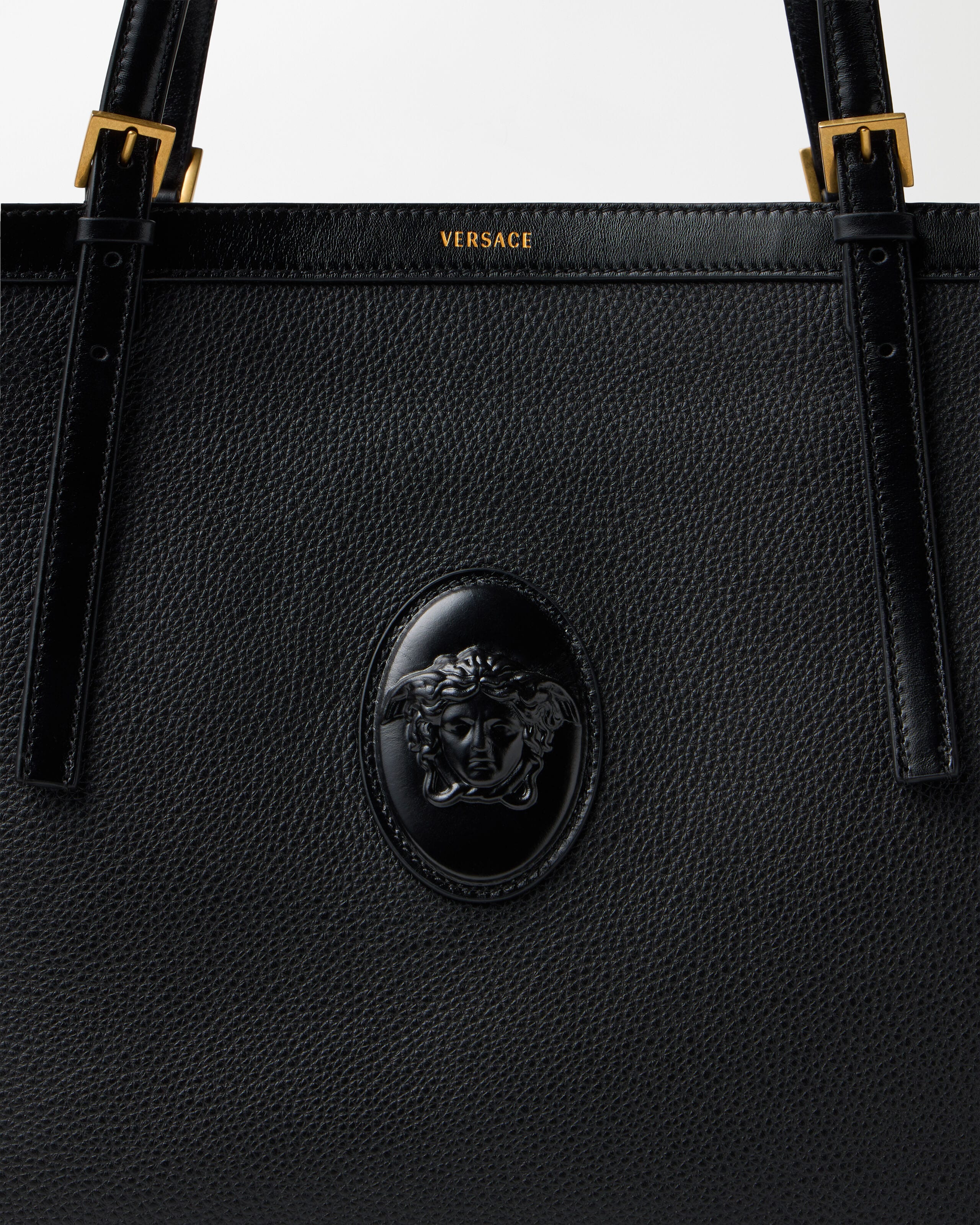 Rivière Large Leather Tote Black | VERSACE US