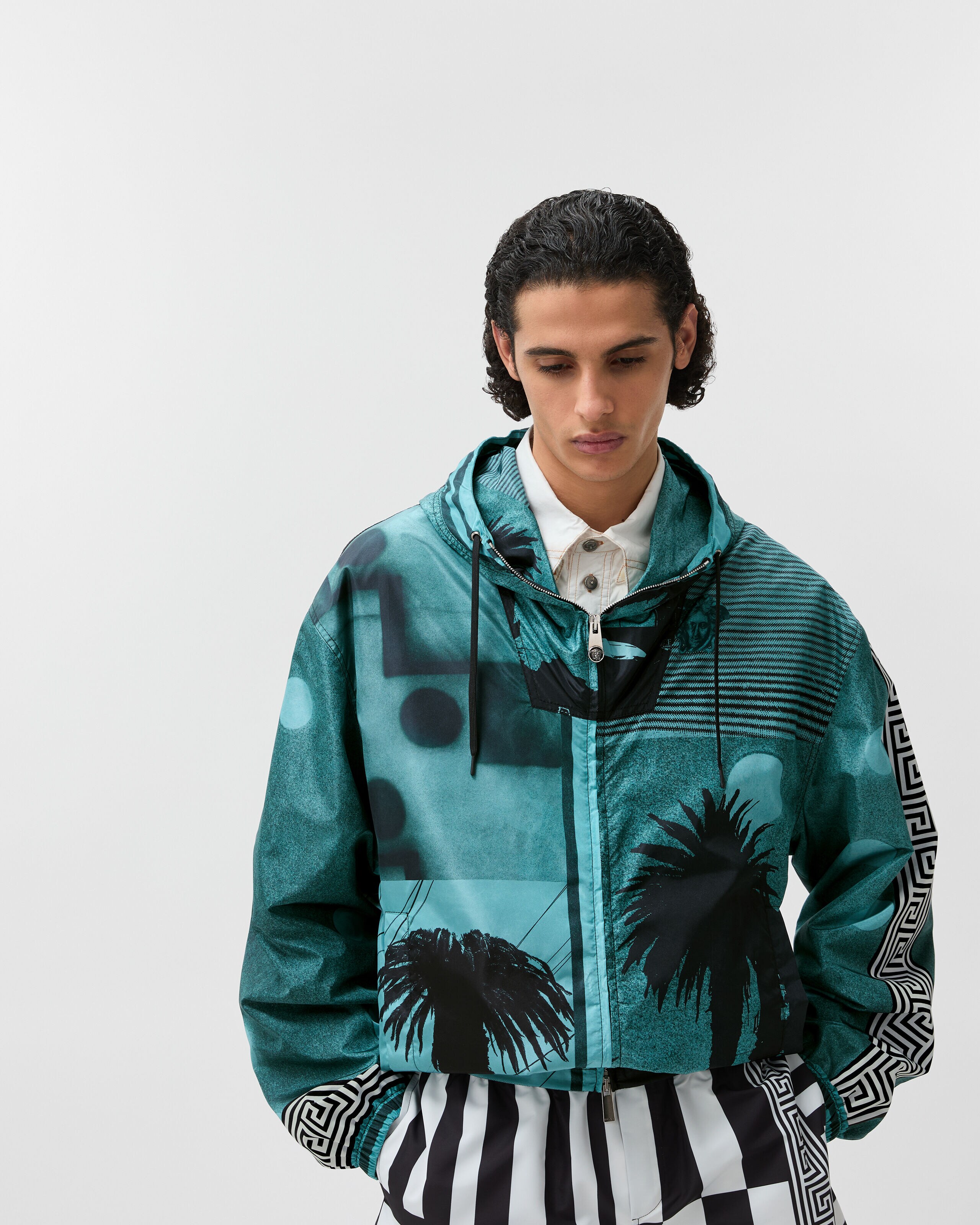 Printed Nylon Windbreaker Blue | VERSACE US