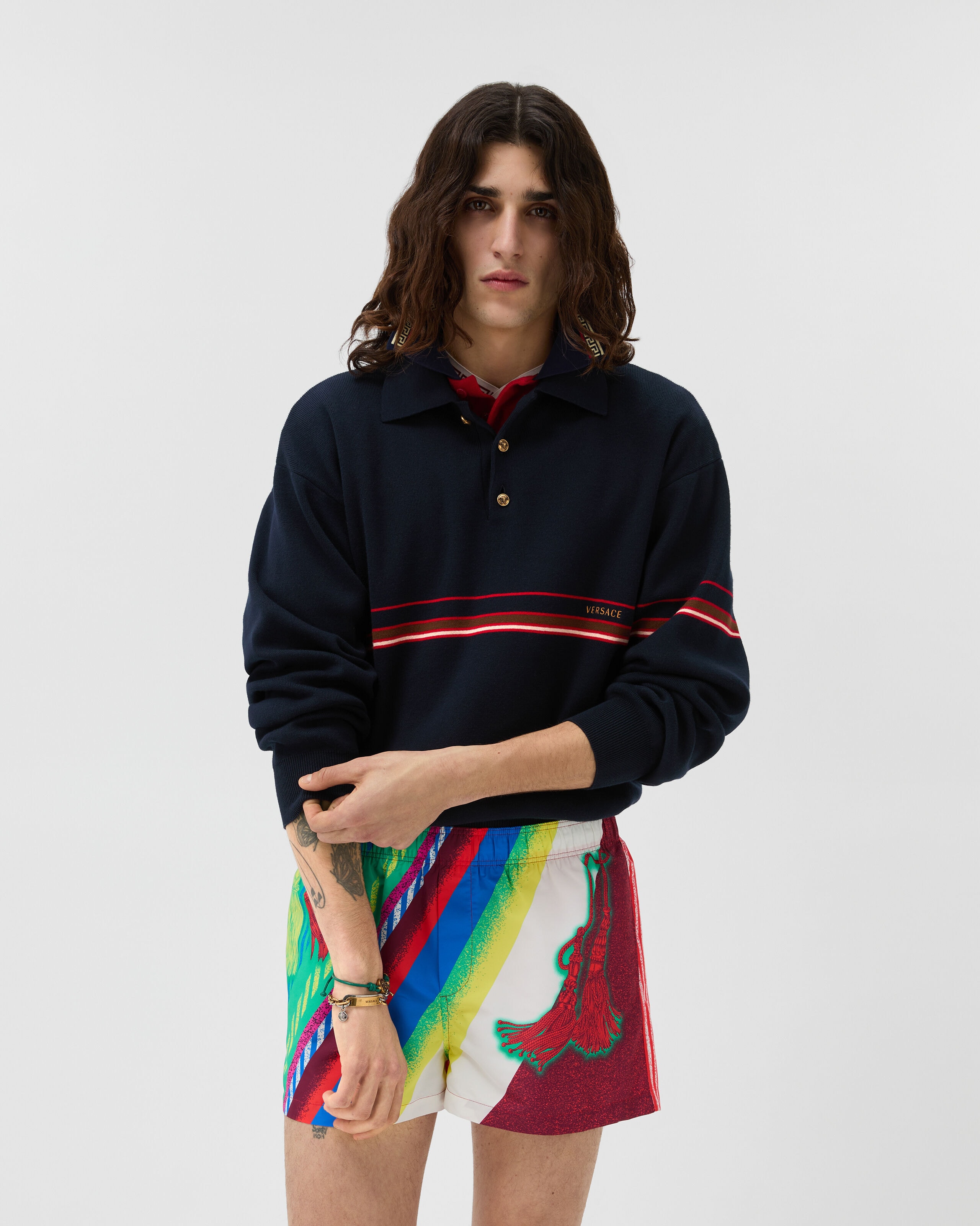 Embroidered-Logo Cotton Knit Polo Blue | VERSACE