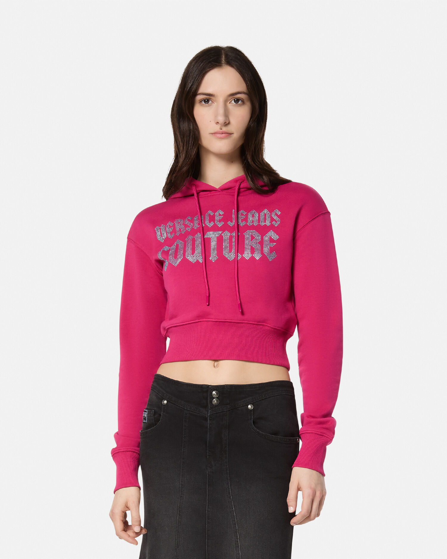 Crystal Gothic Logo Crop Hoodie Pink VERSACE