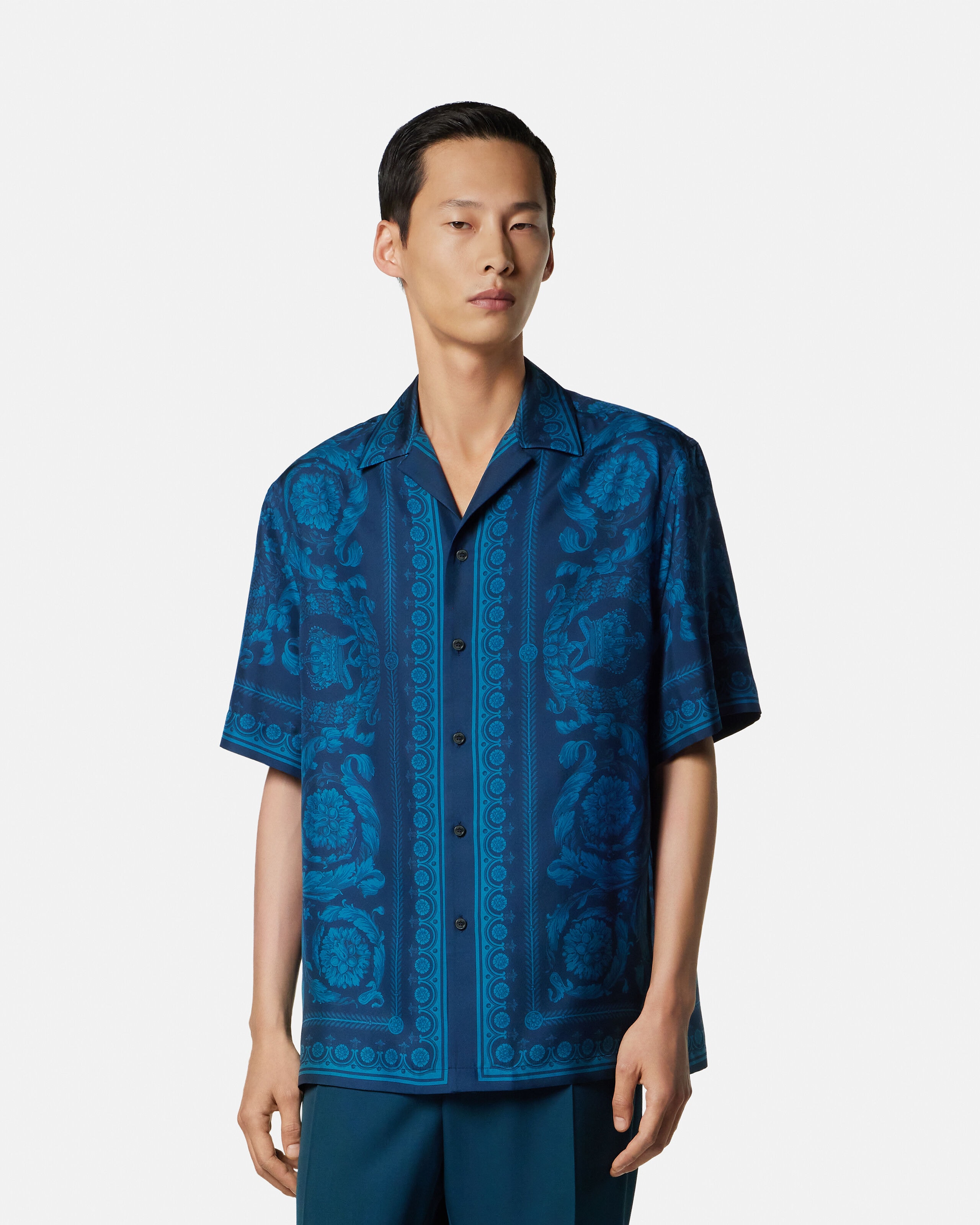 Barocco Silk Shirt Blue | VERSACE US