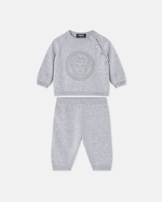 Versace Baby Embroidered Cotton Knit Sweater Set Gray 1