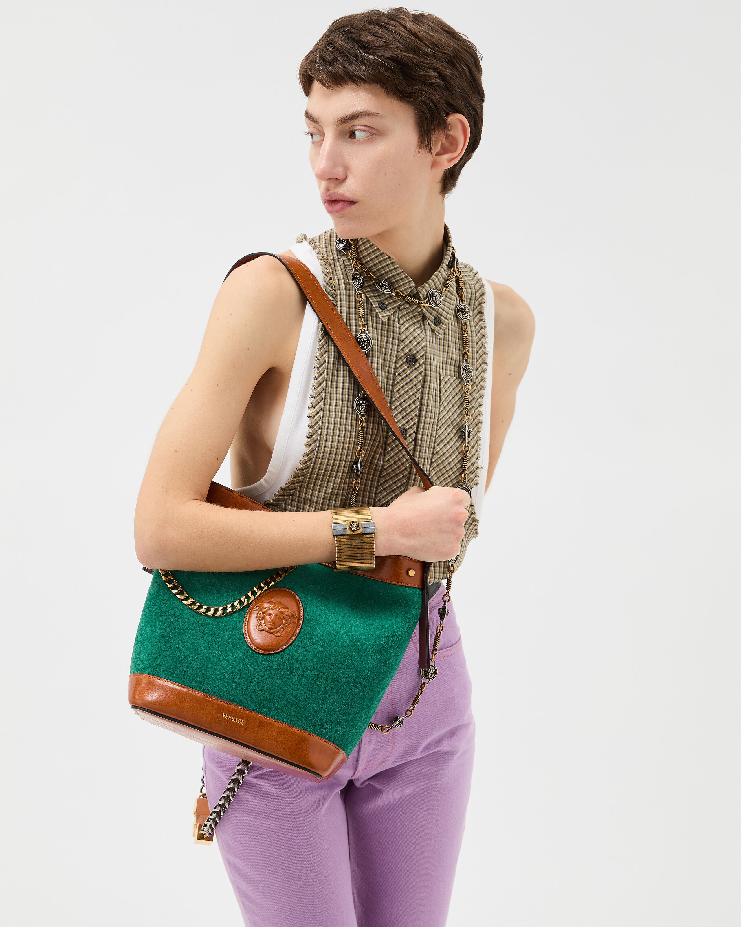 Pivot Small Suede Bucket Bag Green | VERSACE US