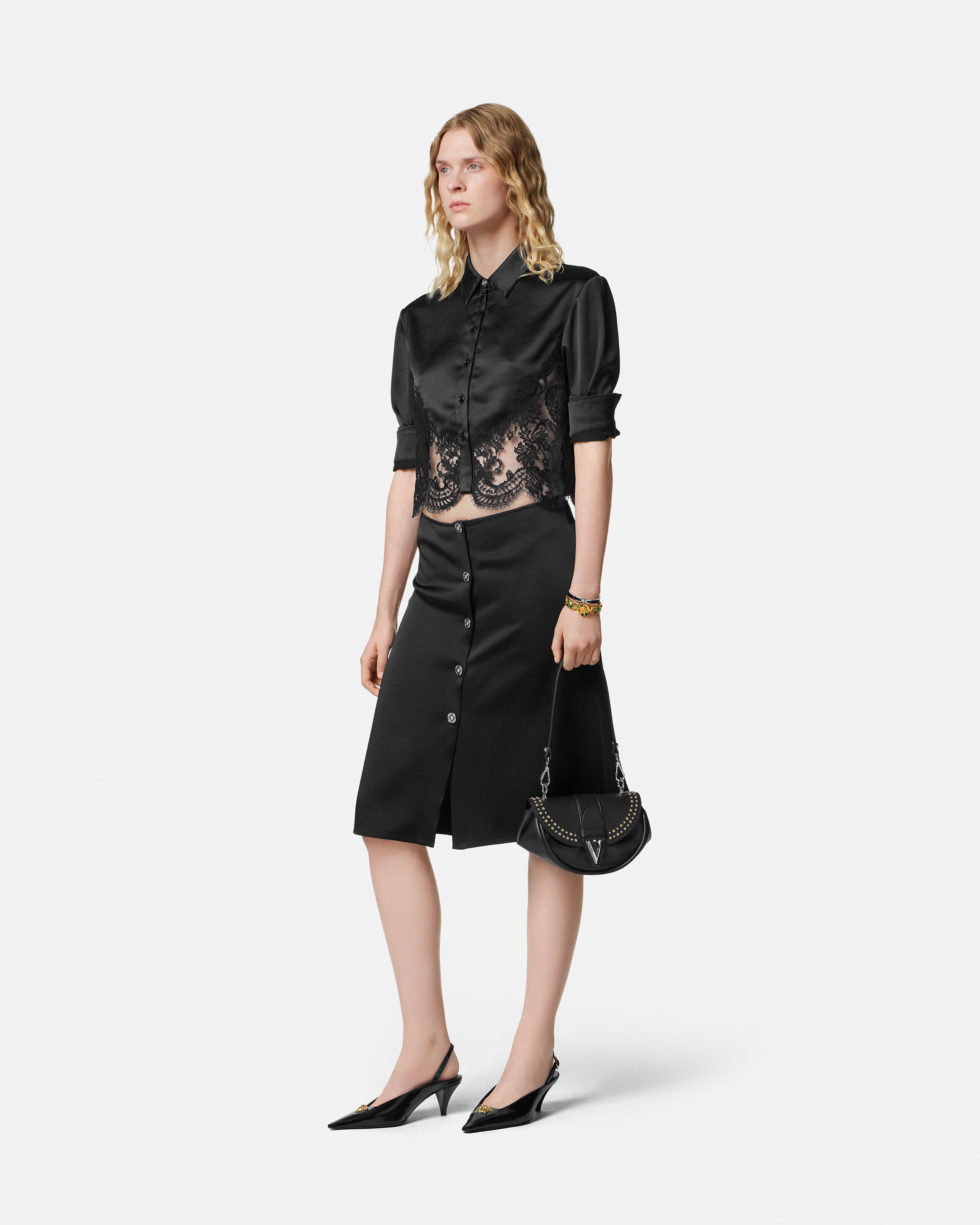 Lace-Trim Satin Crop Shirt Black | VERSACE US