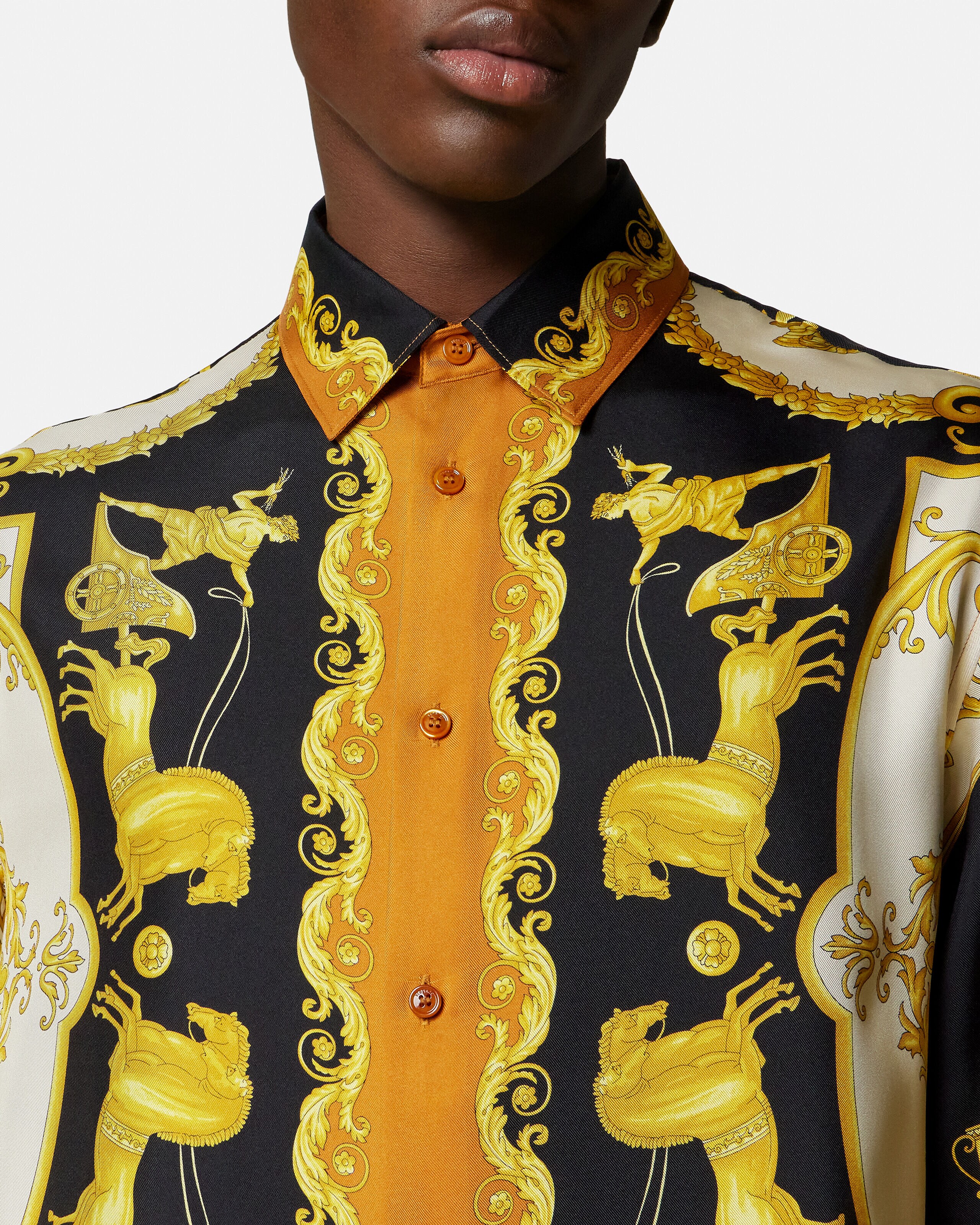 Printed Silk Twill Regular Shirt Black,Gold | VERSACE US