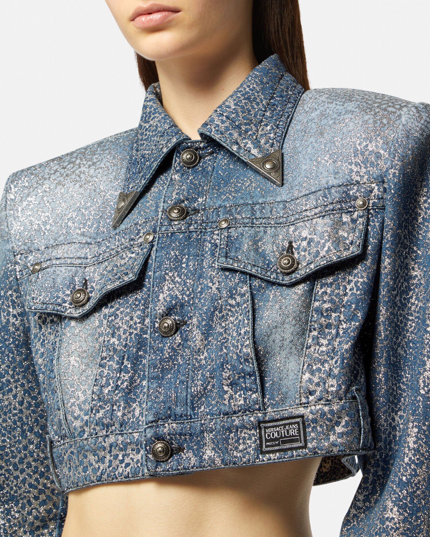 Glitter Animalier Crop Denim Jacket Blue VERSACE