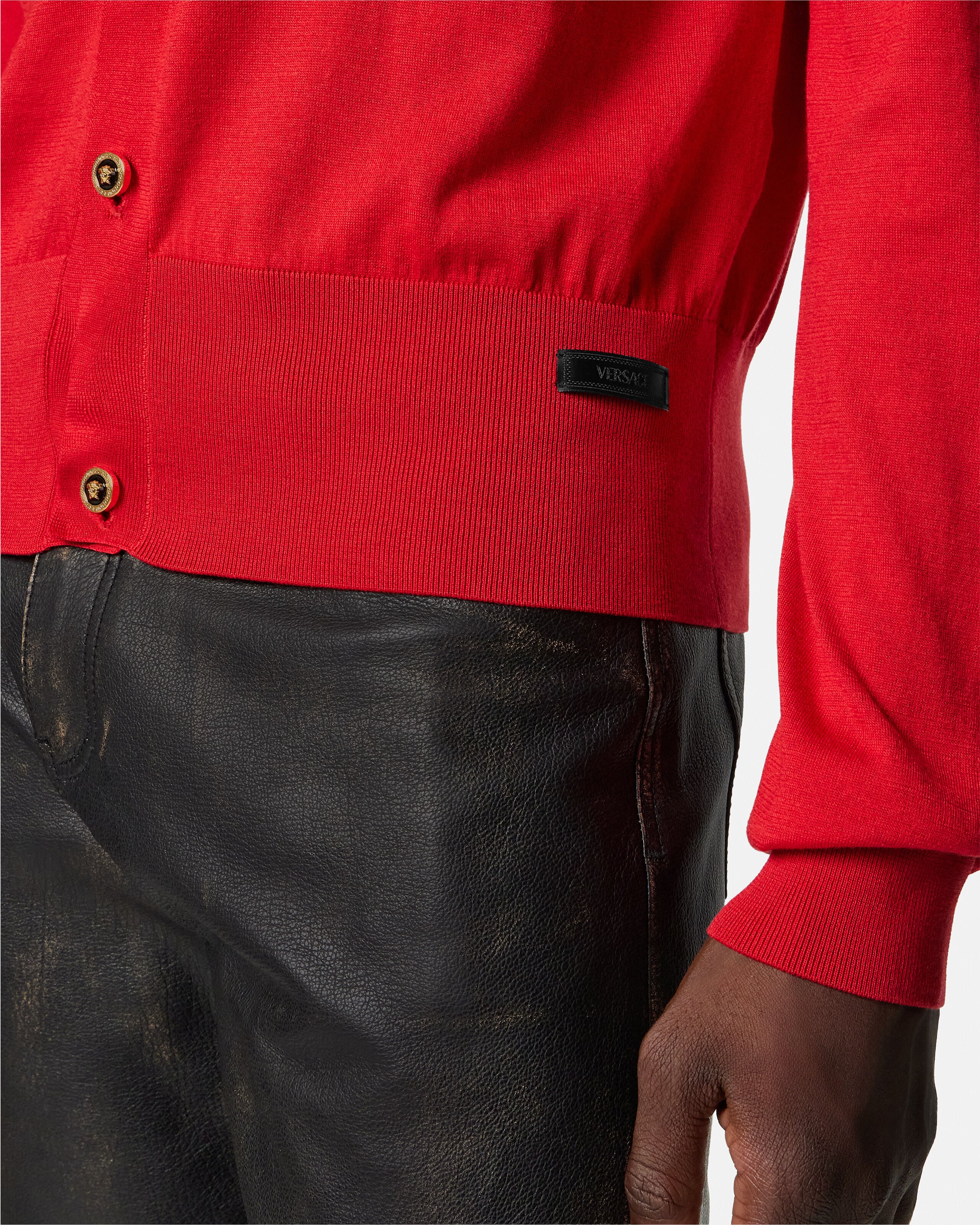 Silk-Cotton Knit Polo Cardigan Red | VERSACE US