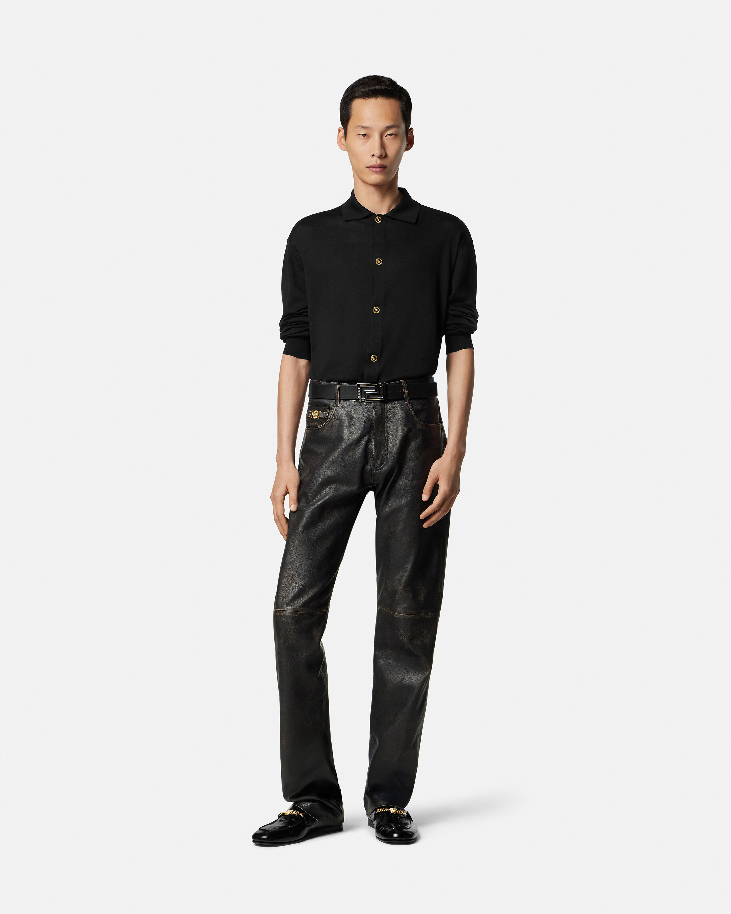 Silk-Cotton Knit Polo Cardigan Black | VERSACE US