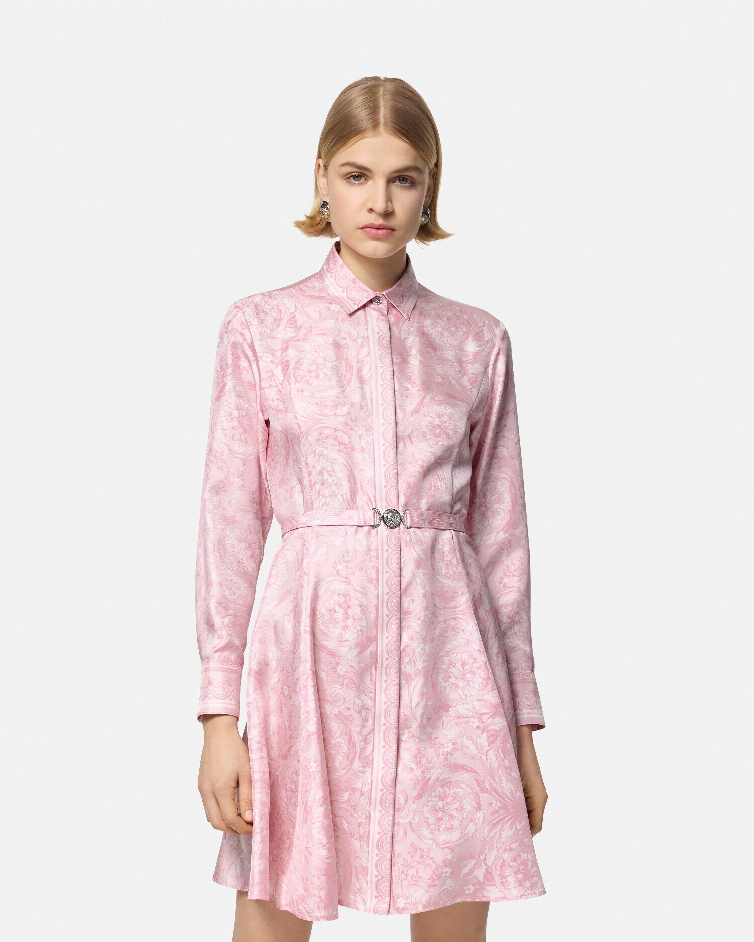 Barocco Silk Midi Shirt Dress Pink Print VERSACE US