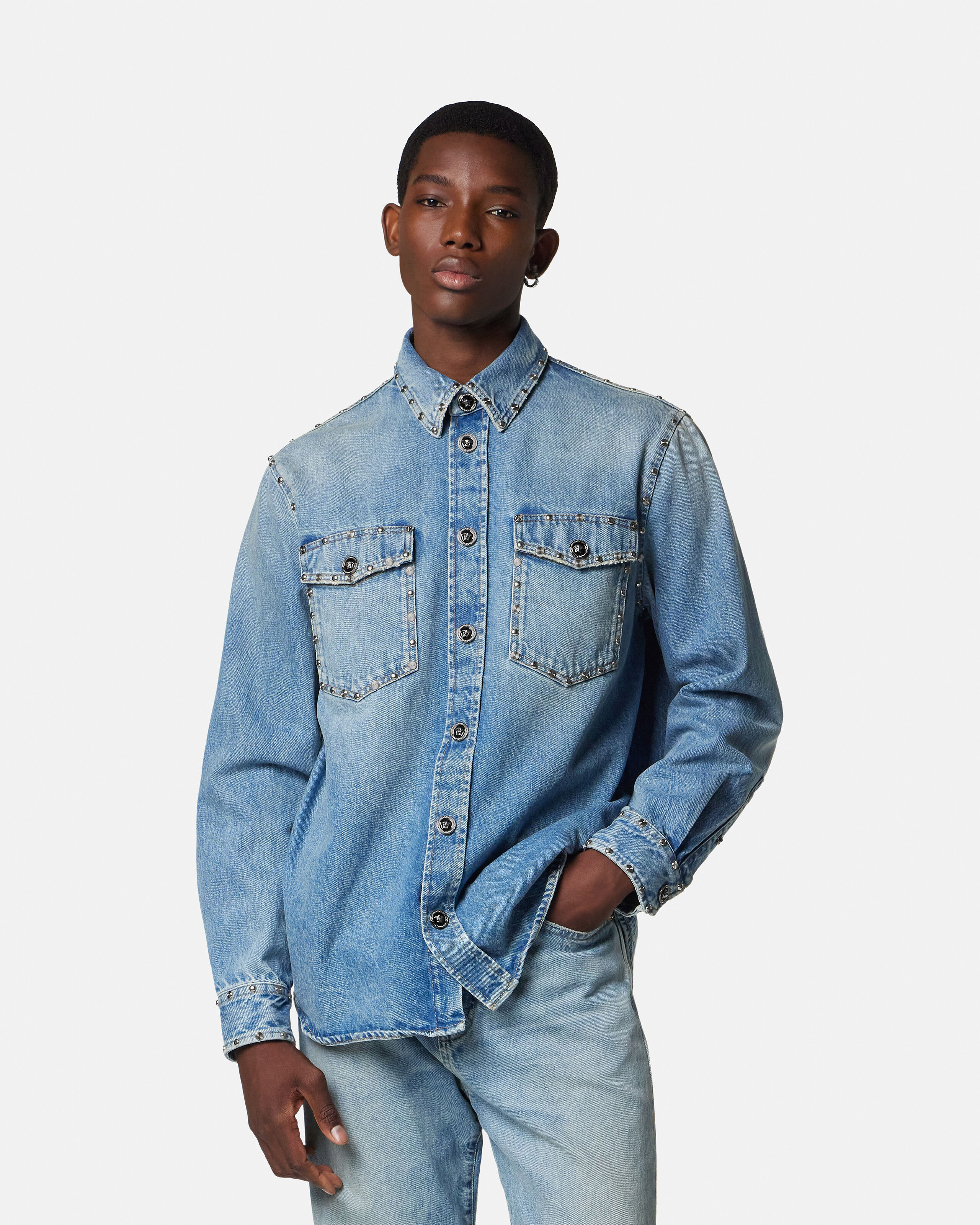 Embellished Denim Overshirt Blue | VERSACE IN