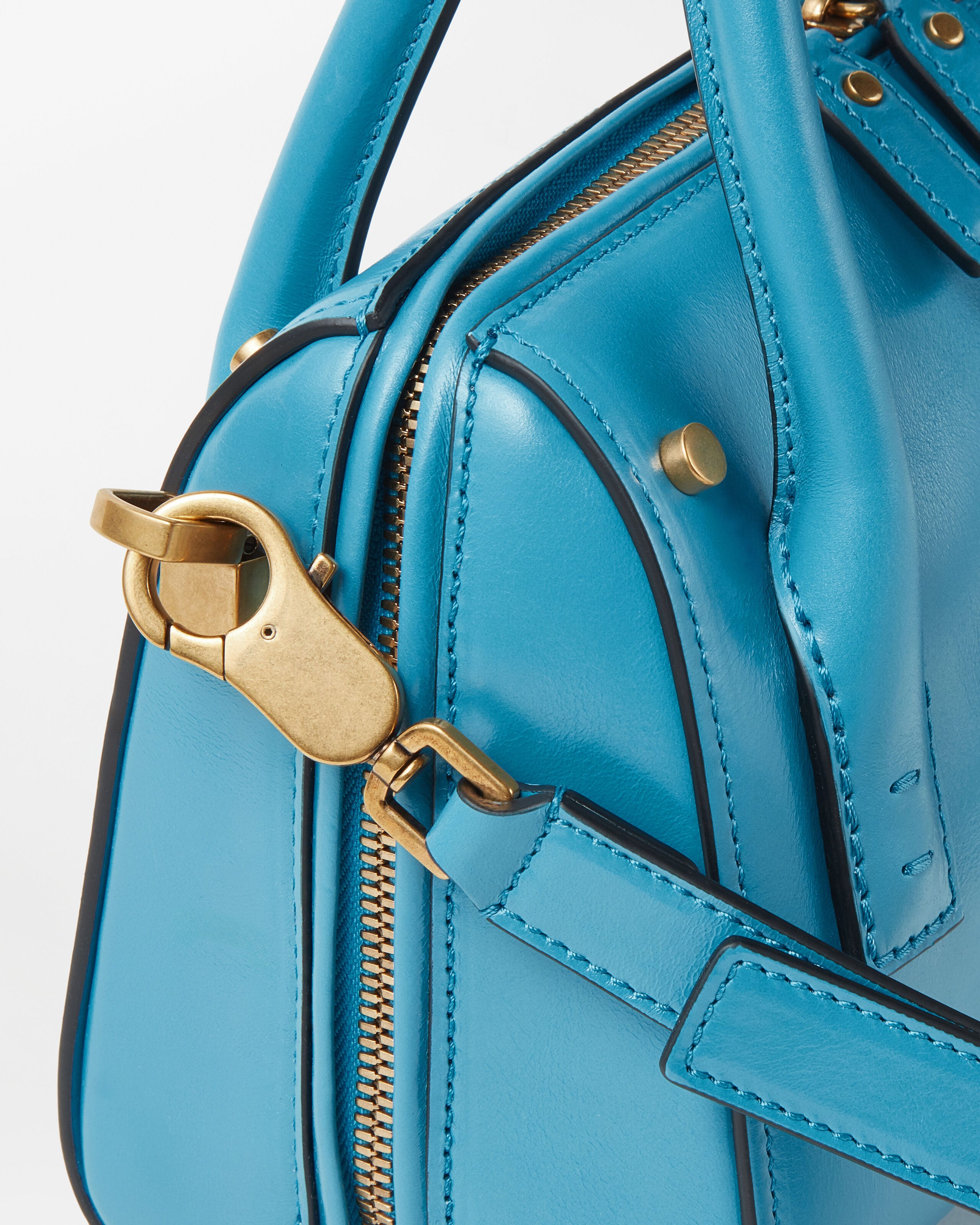 Roomy Small Leather Boston Bag Blue | VERSACE US