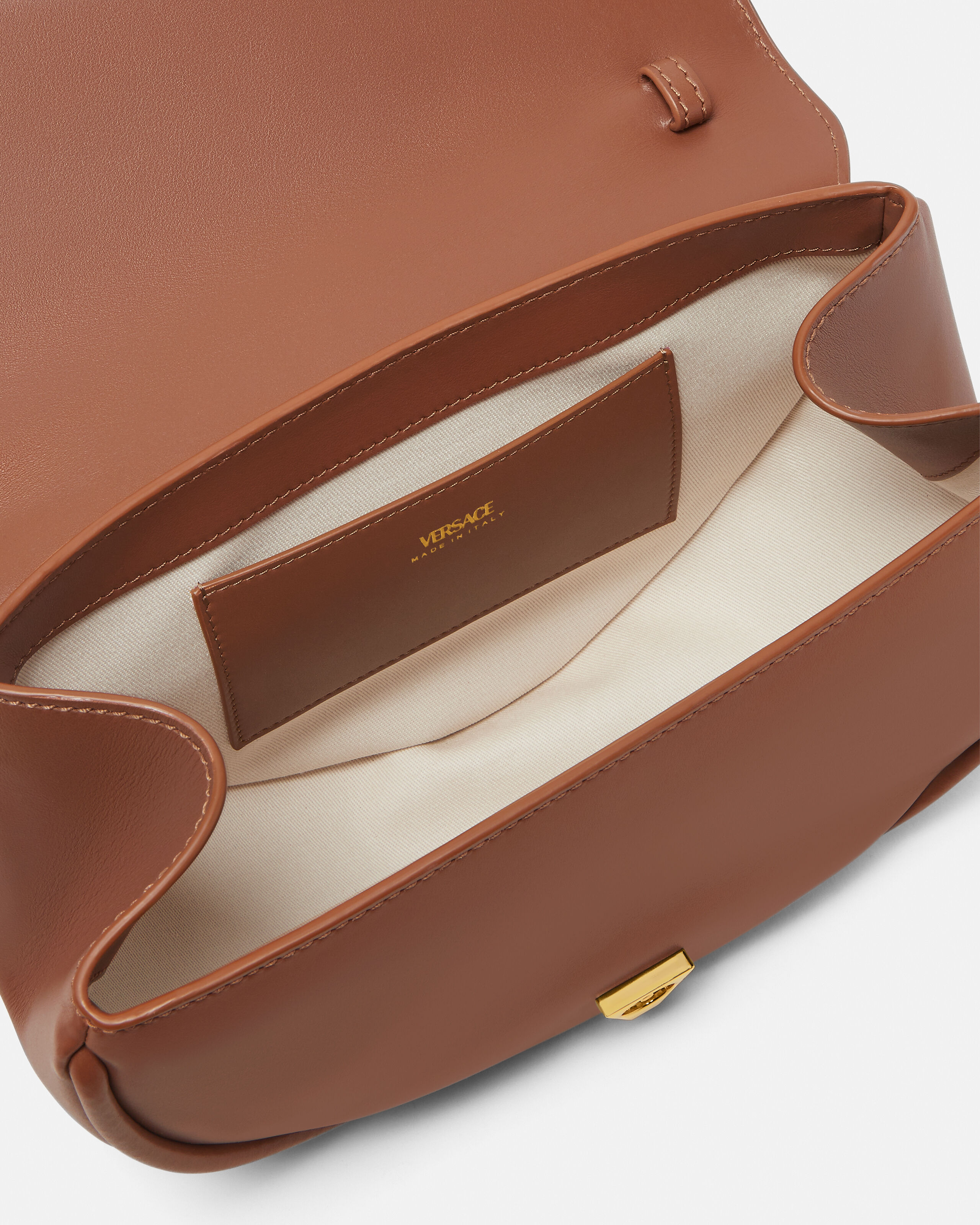 Virtus Leather Shoulder Bag Brown | VERSACE CA