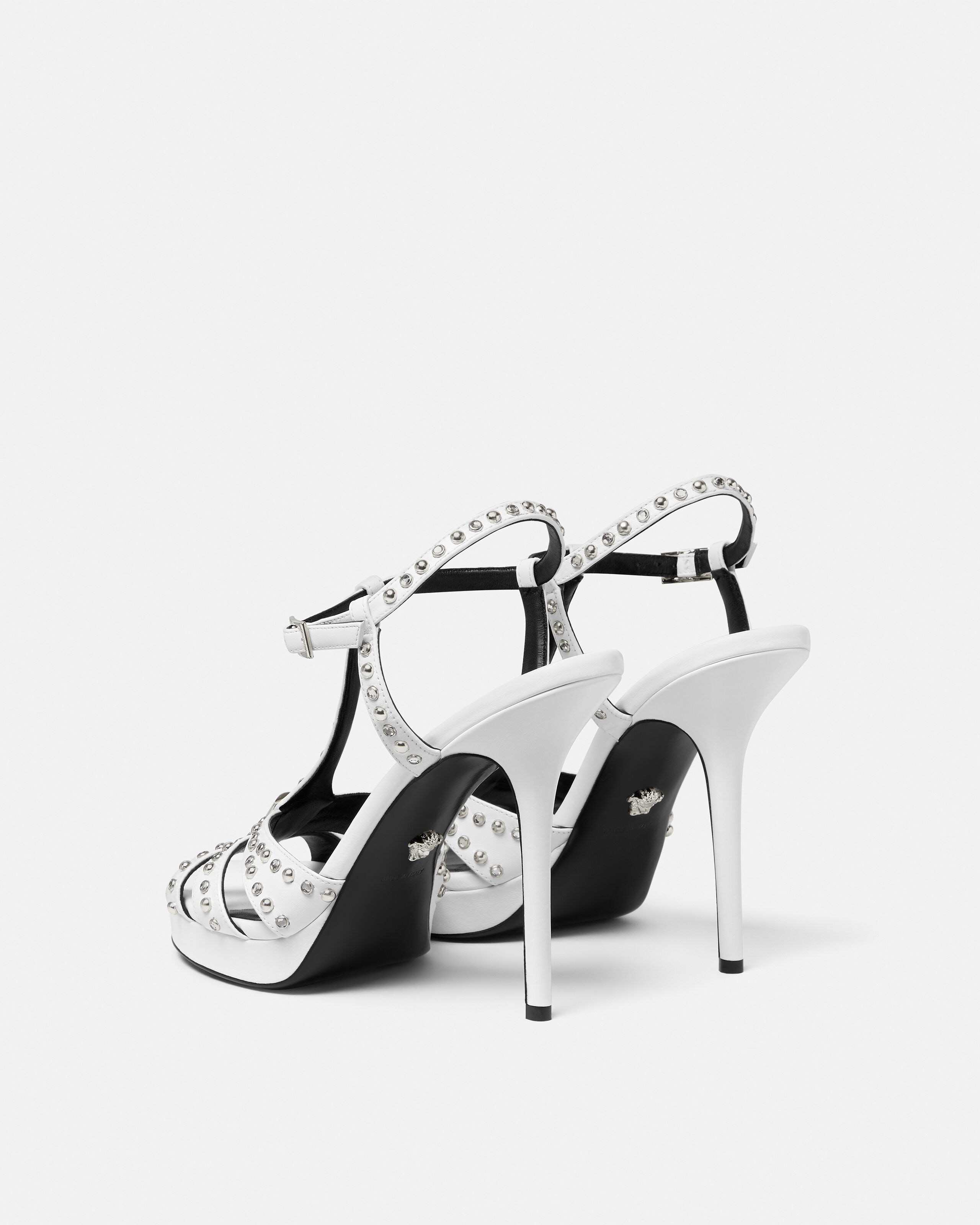 V Embellished Leather Sandals 115 mm White | VERSACE US