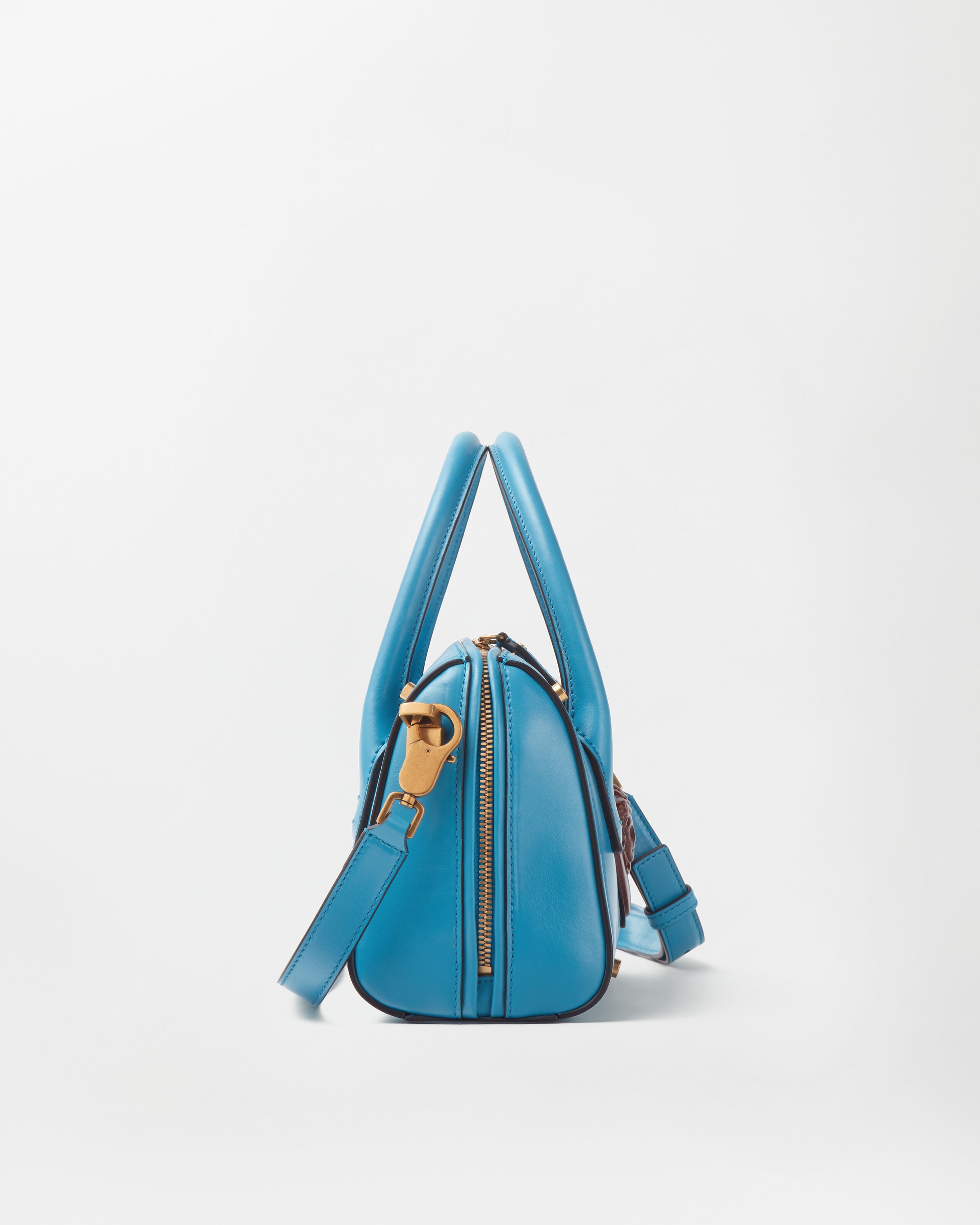 Roomy Small Leather Boston Bag Blue | VERSACE US