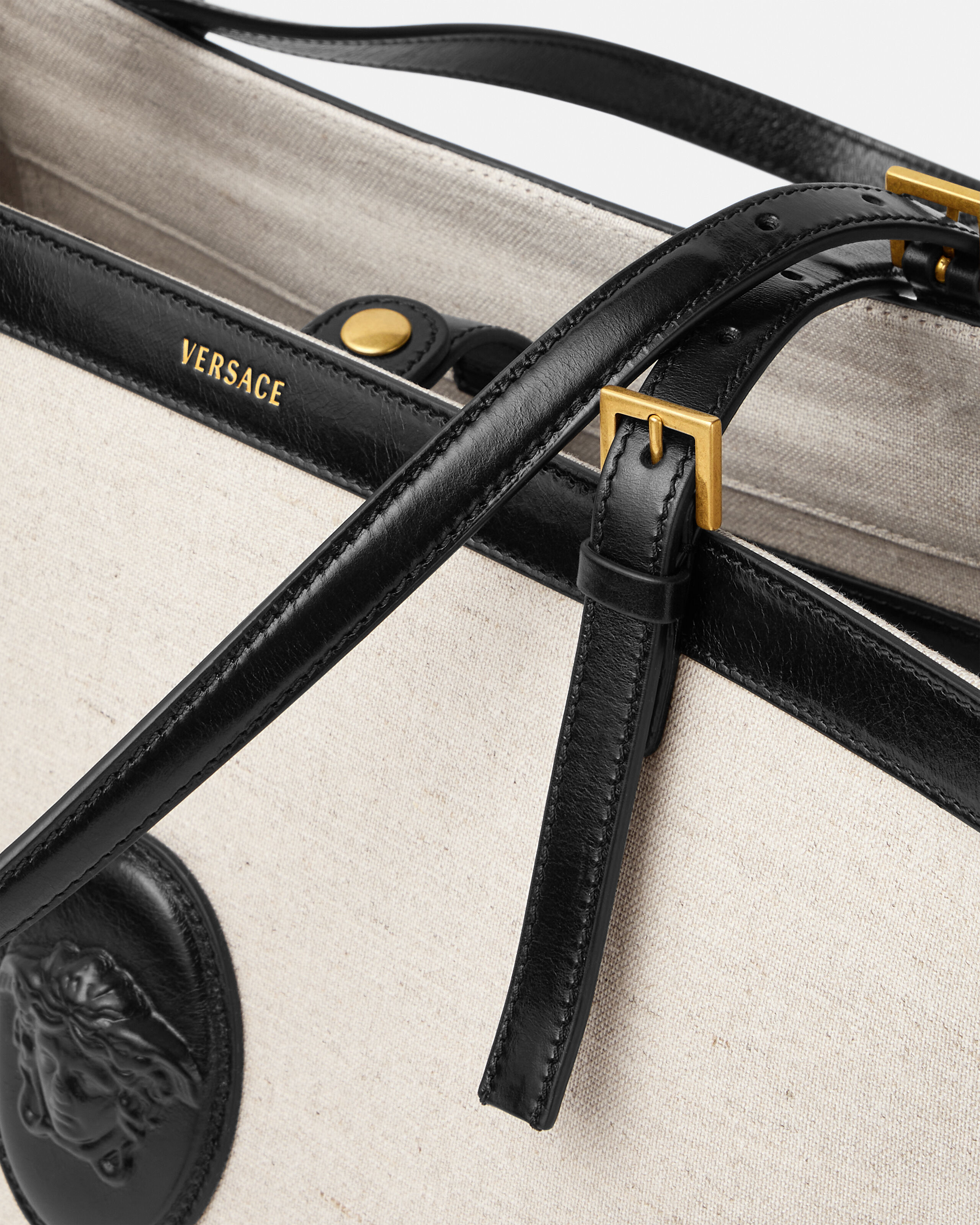 Rivière Large Canvas Tote Black,Beige | VERSACE US