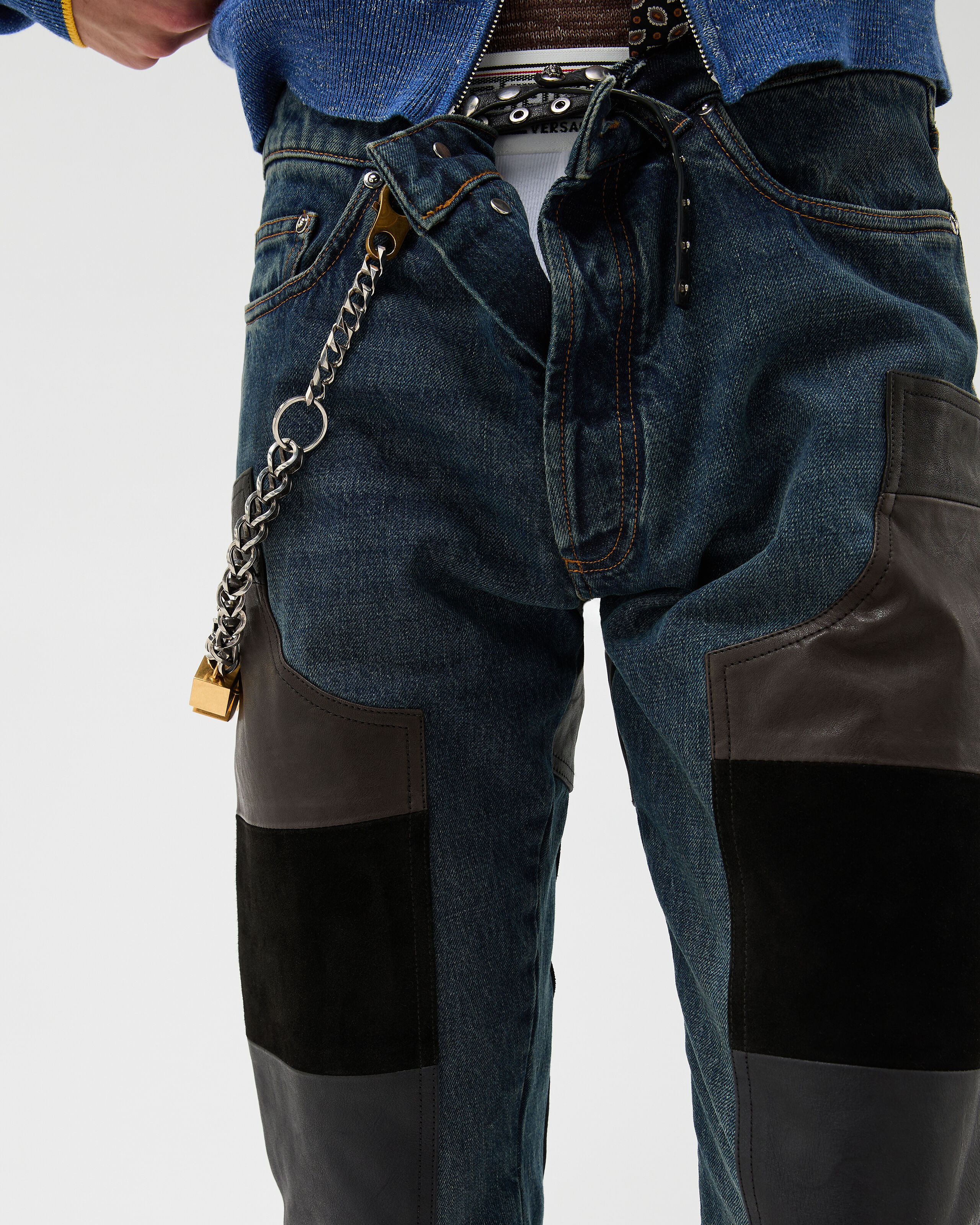 Leather Patchwork Straight Jeans Blue,Black | VERSACE US