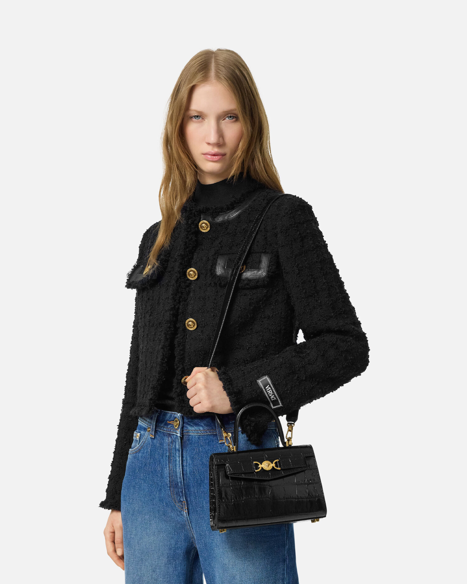 Medusa '95 Small Croc-Effect Top-Handle Black,Gold | VERSACE US