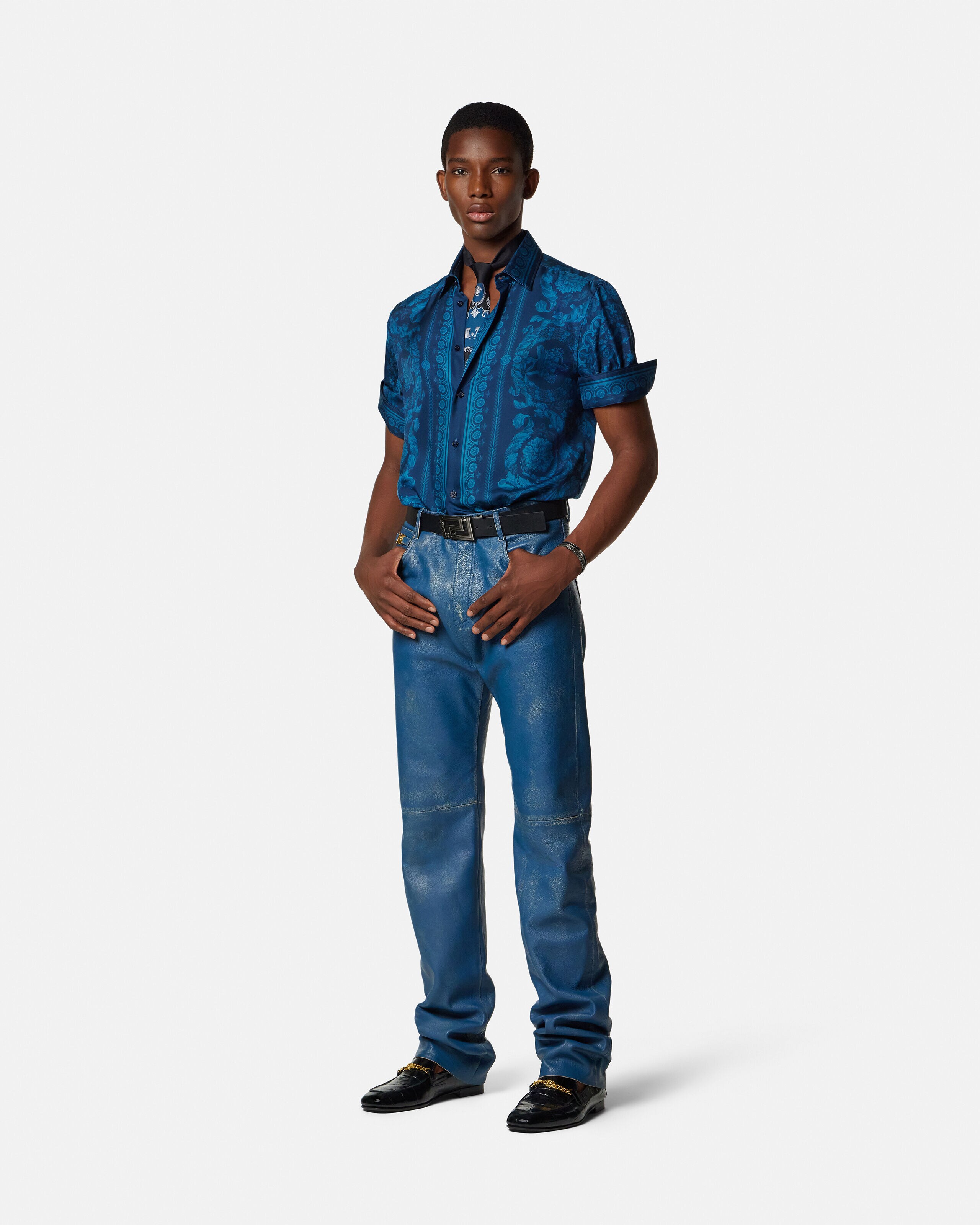Printed Silk Twill Slim Shirt Blue | VERSACE US