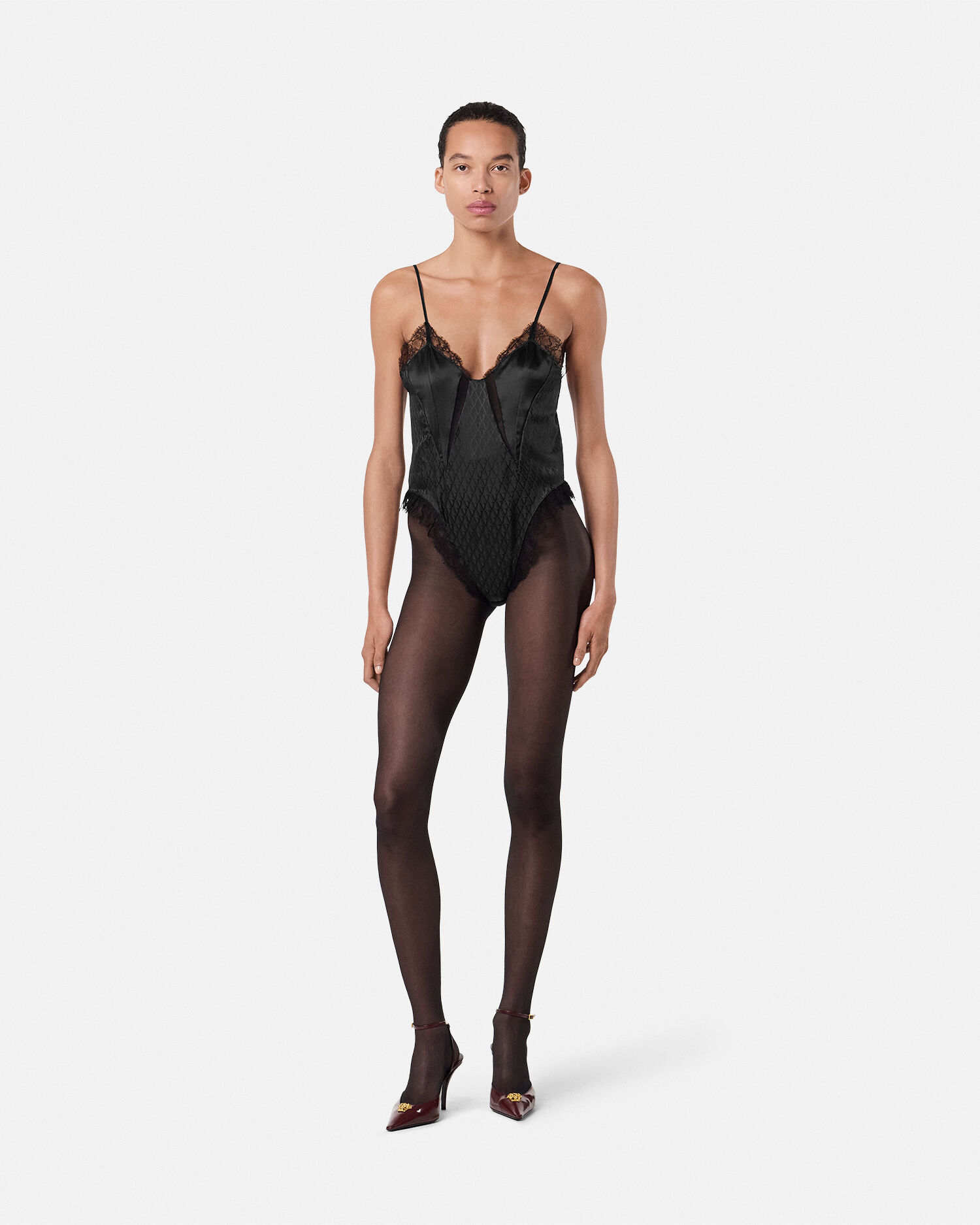 VERSUS VERSACE ヴェルサスヴェルサーチ レオタード ボディスーツ Cheetah Foulard Draped Bodysuit Gray,Gold | VERSACE US