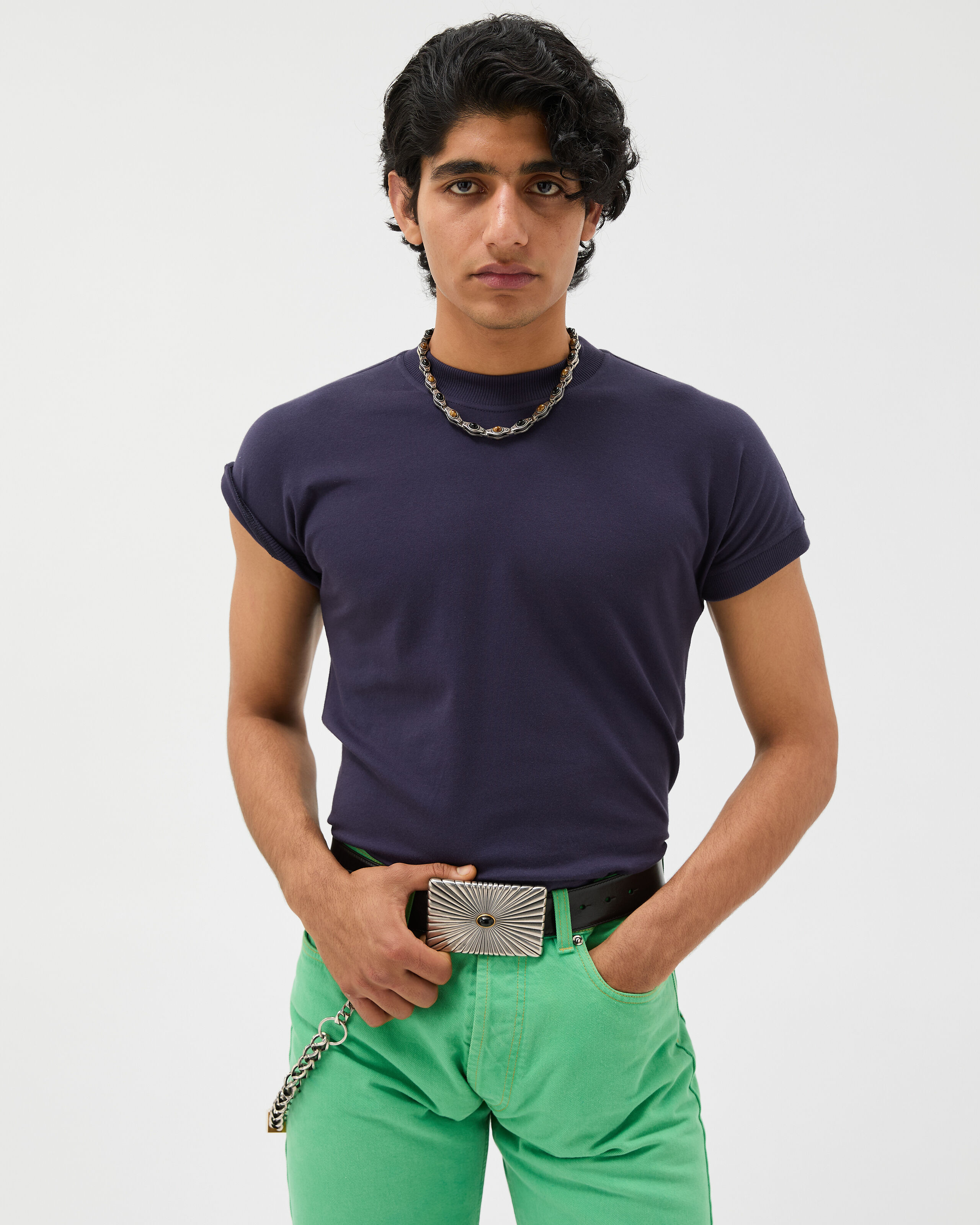 Embroidered Stretch Cotton-Jersey T-Shirt Blue | VERSACE US