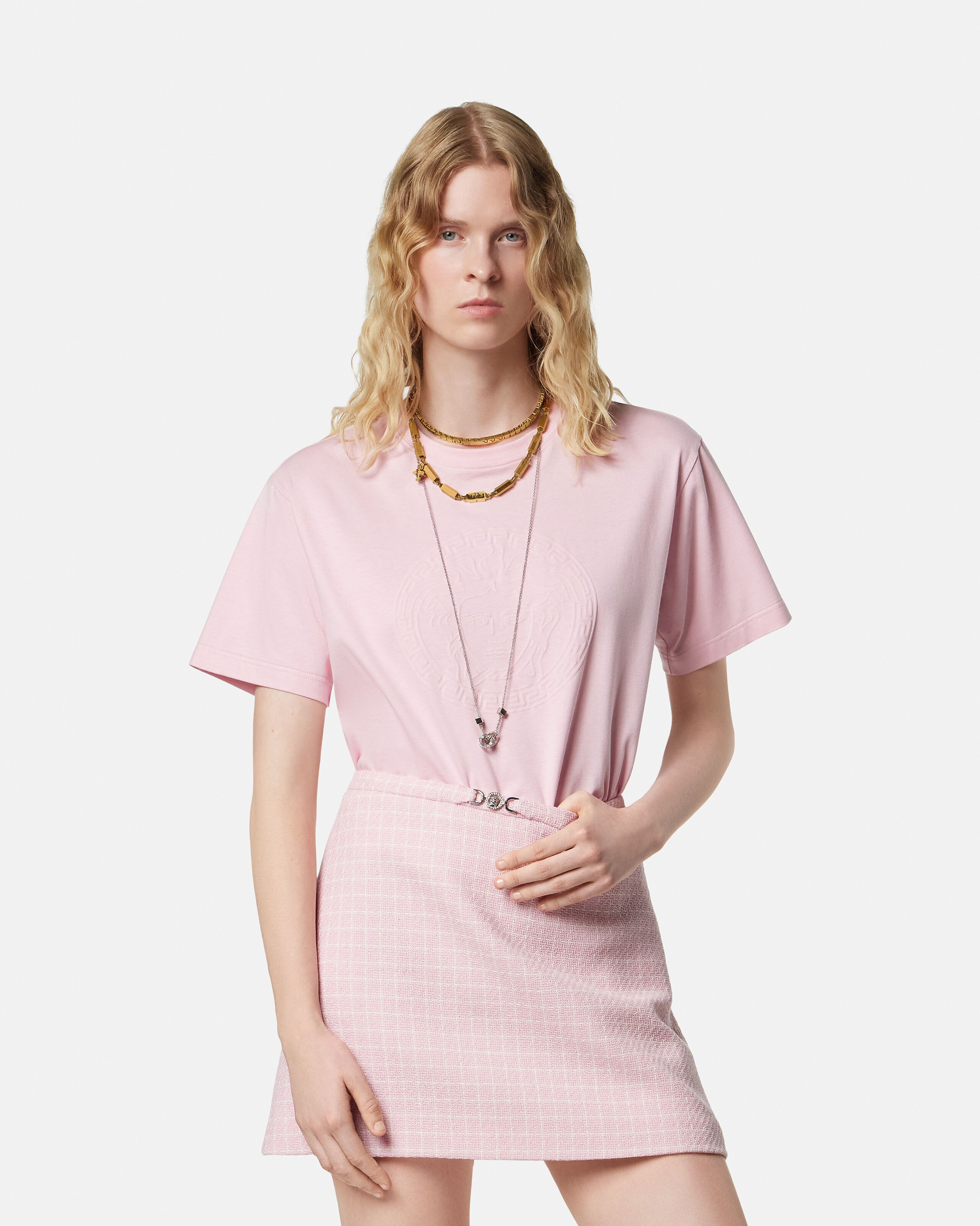 Printed Cotton-Jersey T-Shirt Pink | VERSACE US